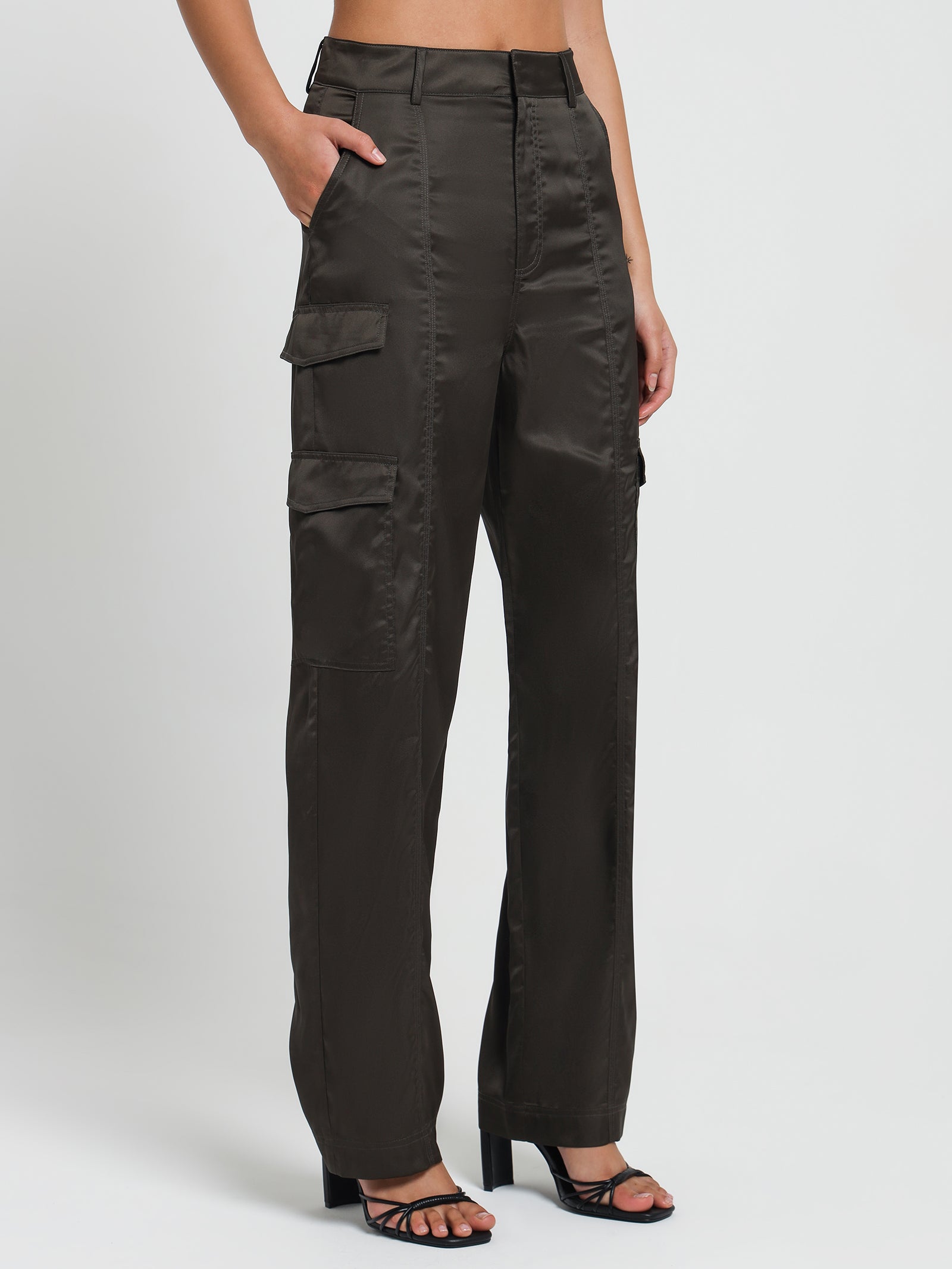 Suvi Satin Cargo Pants in Deep Olive