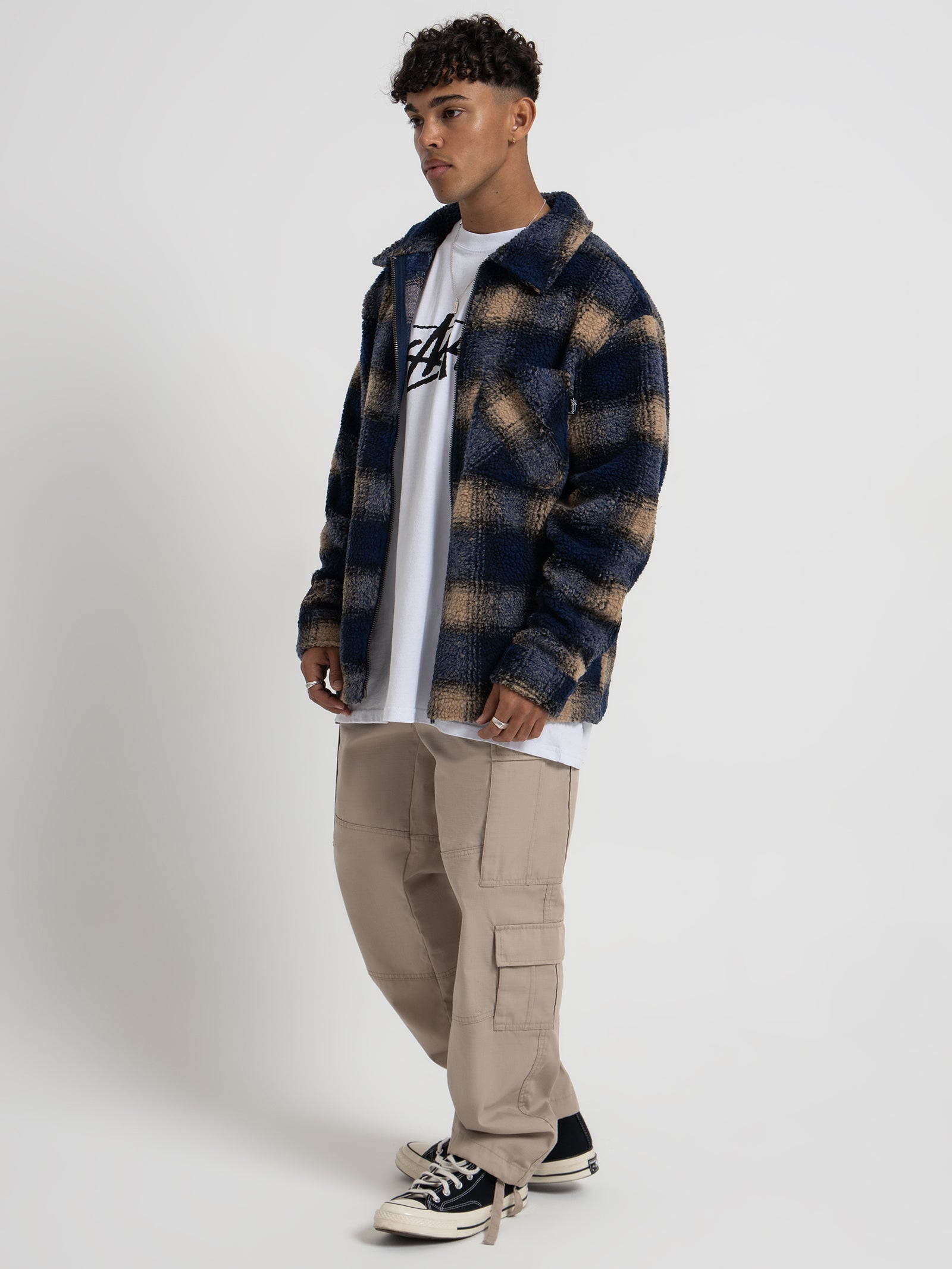 Shadow Plaid Sherpa Zip Shirt in Navy