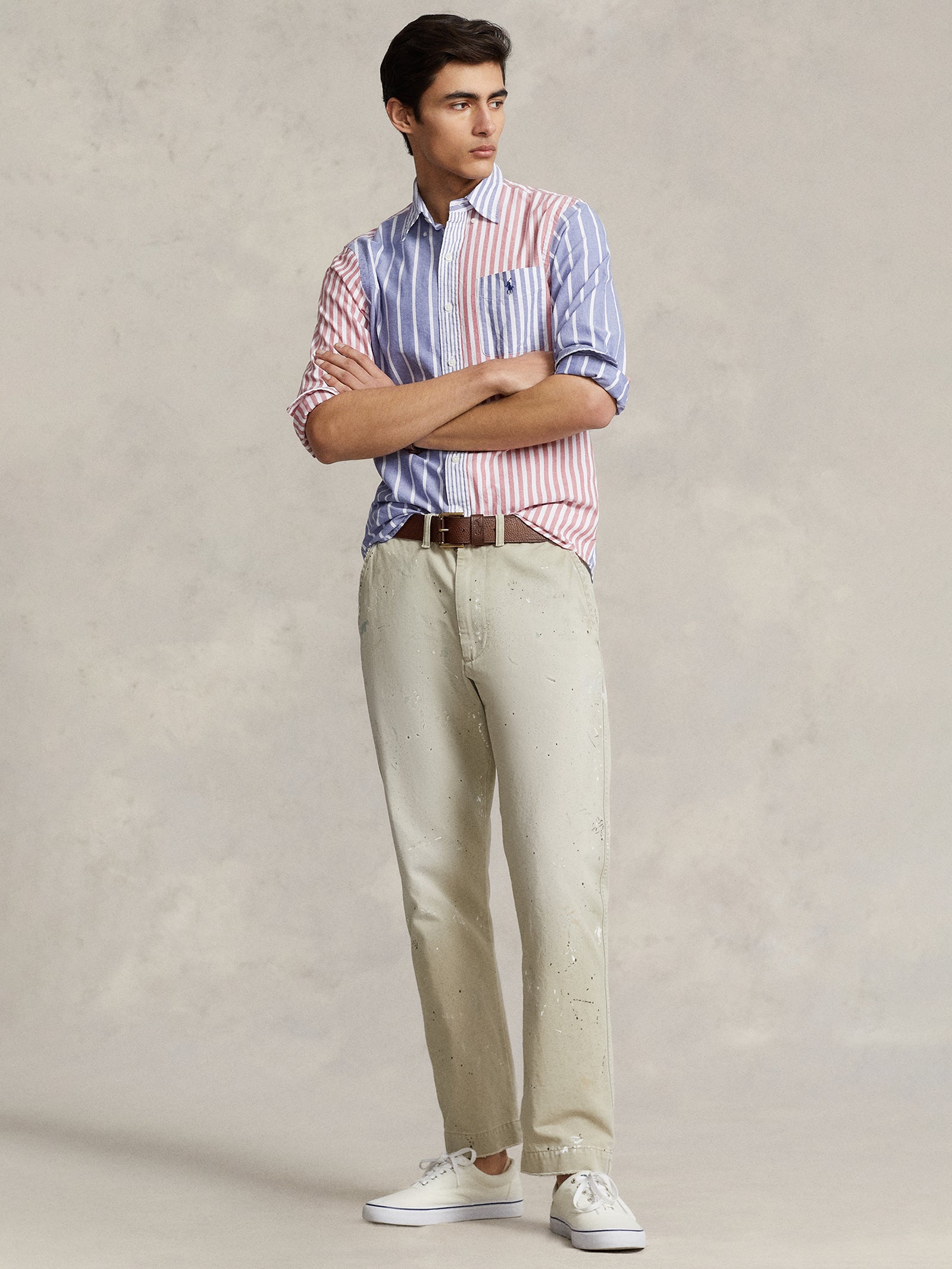 Classic Custom-Fit Oxford Shirt in White, Red & Navy Stripe