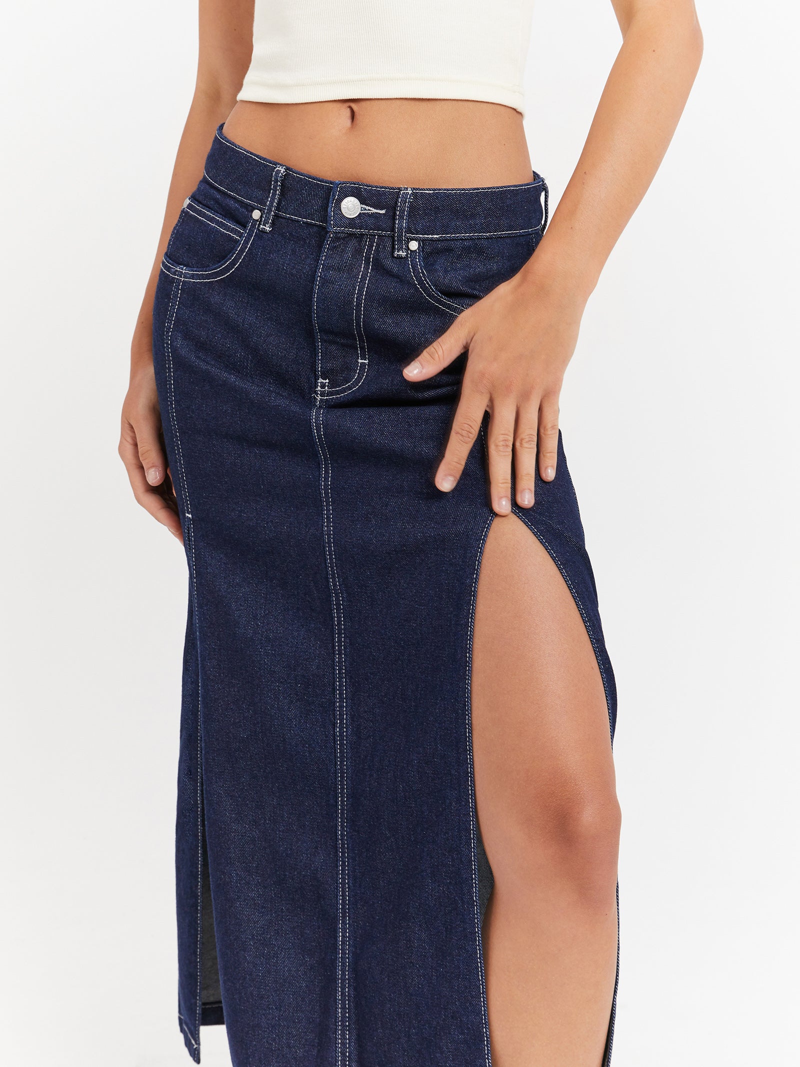 Maeve Midi Skirt in Raw Indigo