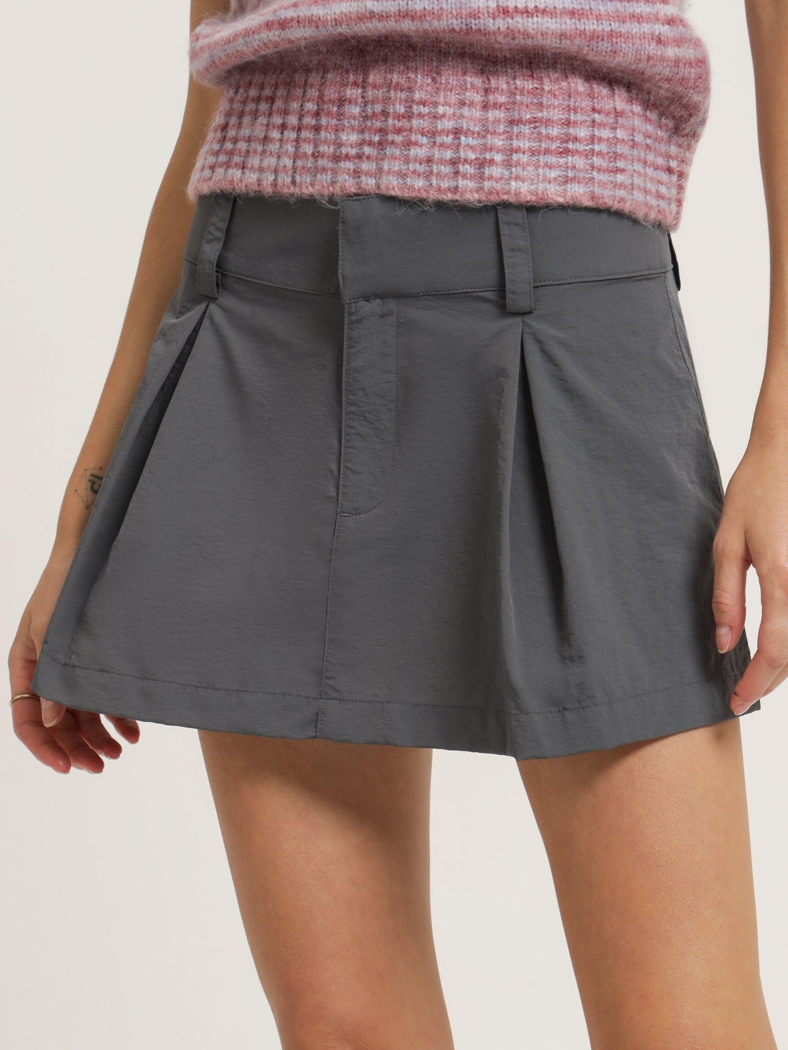 Nylon Flared Mini Skirt in Charcoal Grey