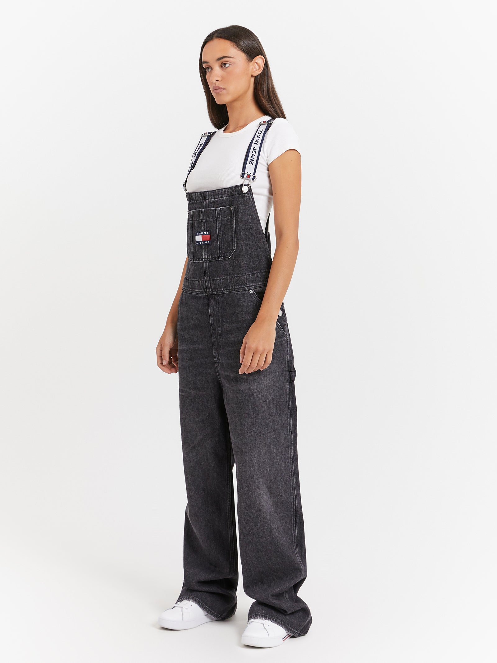 Logo Strap Denim Dungarees in Black