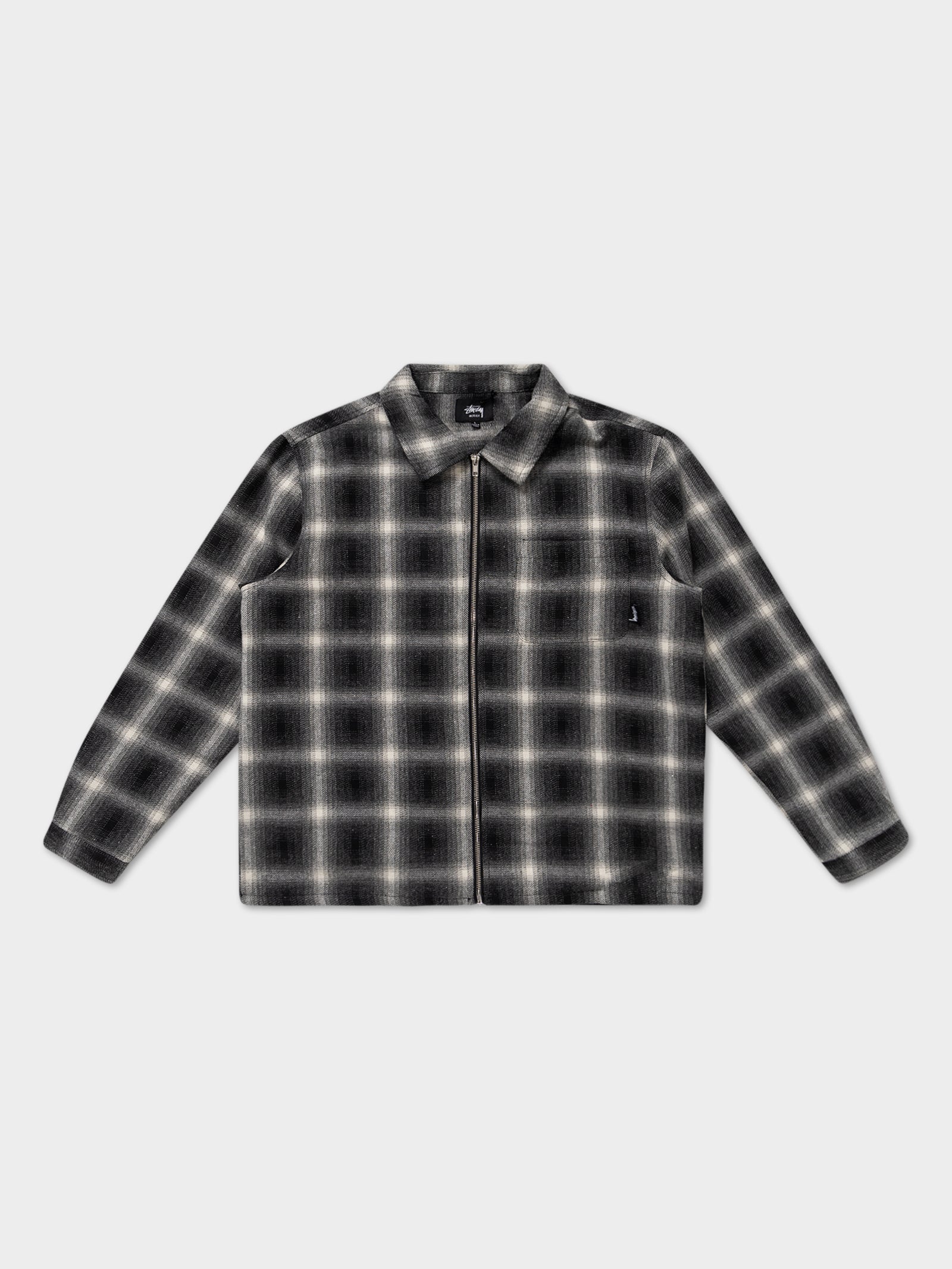 Shadow Plaid Zip Up Long Sleeve Shirt in Black