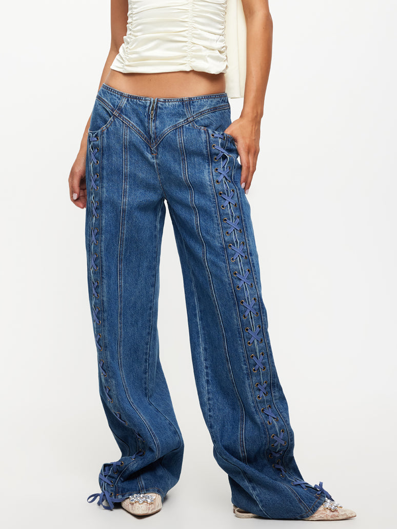 Daydream Tie Up Jeans in Blue Denim