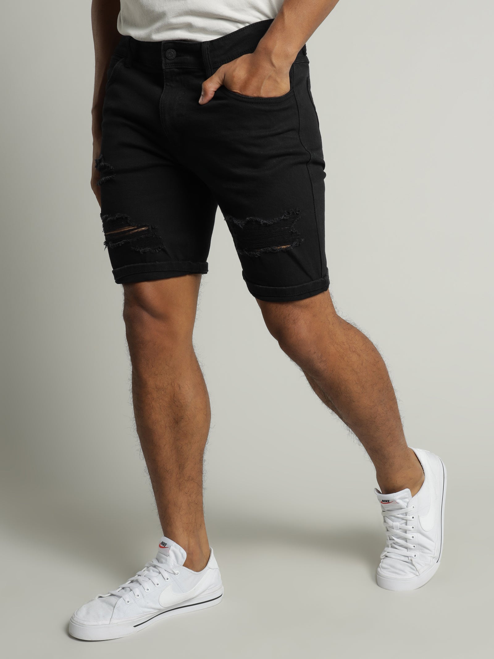 Zane Skinny Denim Short in True Black Rip