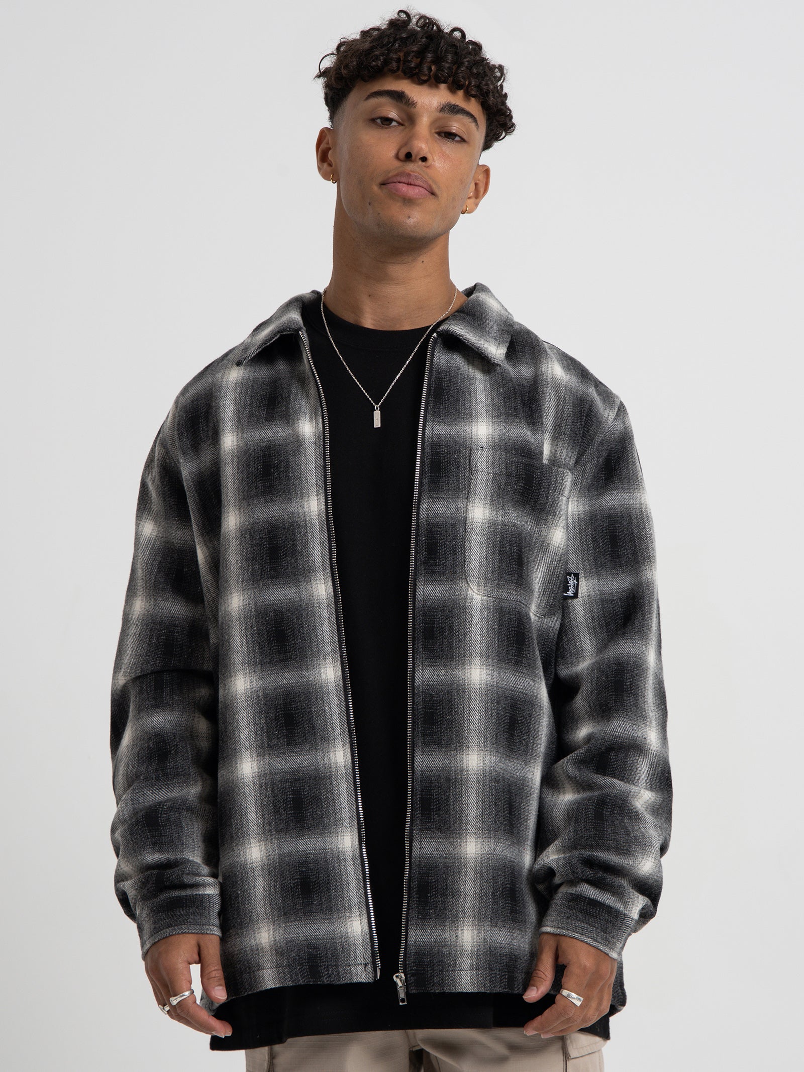 Shadow Plaid Zip Up Long Sleeve Shirt in Black