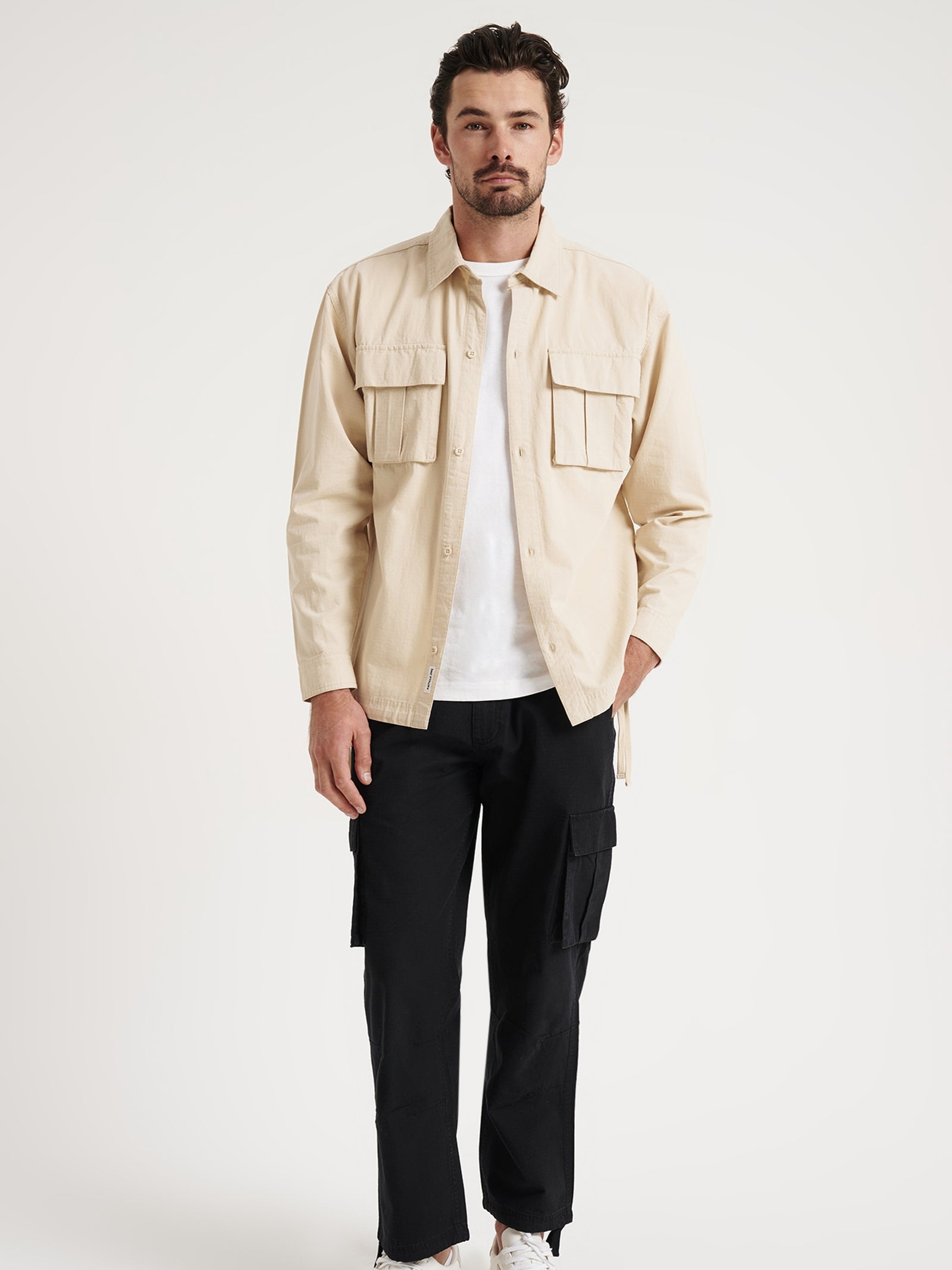 Wyatt Cargo Long Sleeve Shirt in Ecru