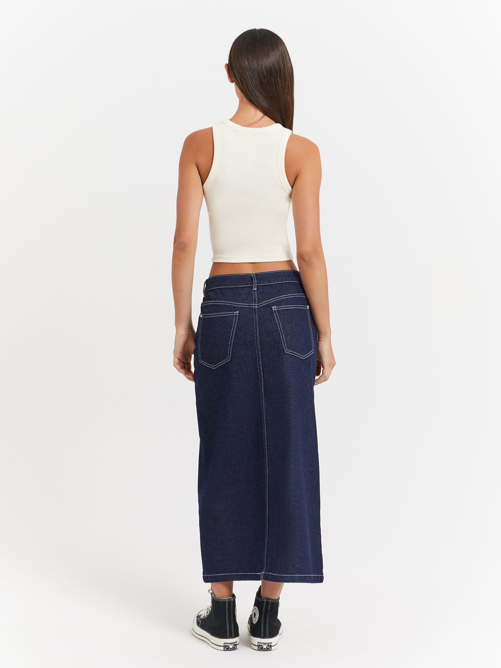 Maeve Midi Skirt in Raw Indigo