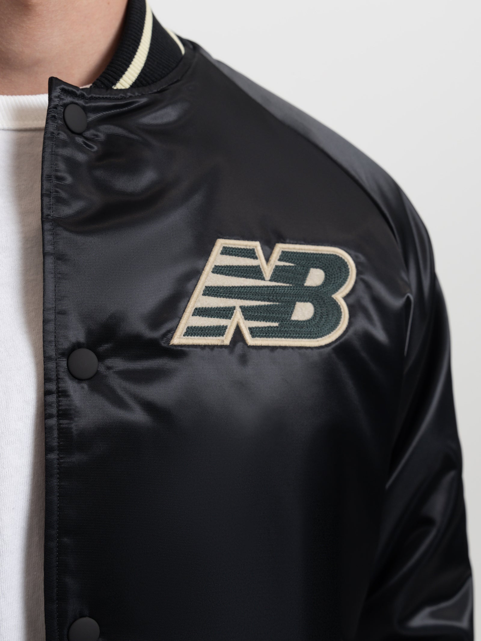 Athletics Varsity Satin Bomber Jacket in Black