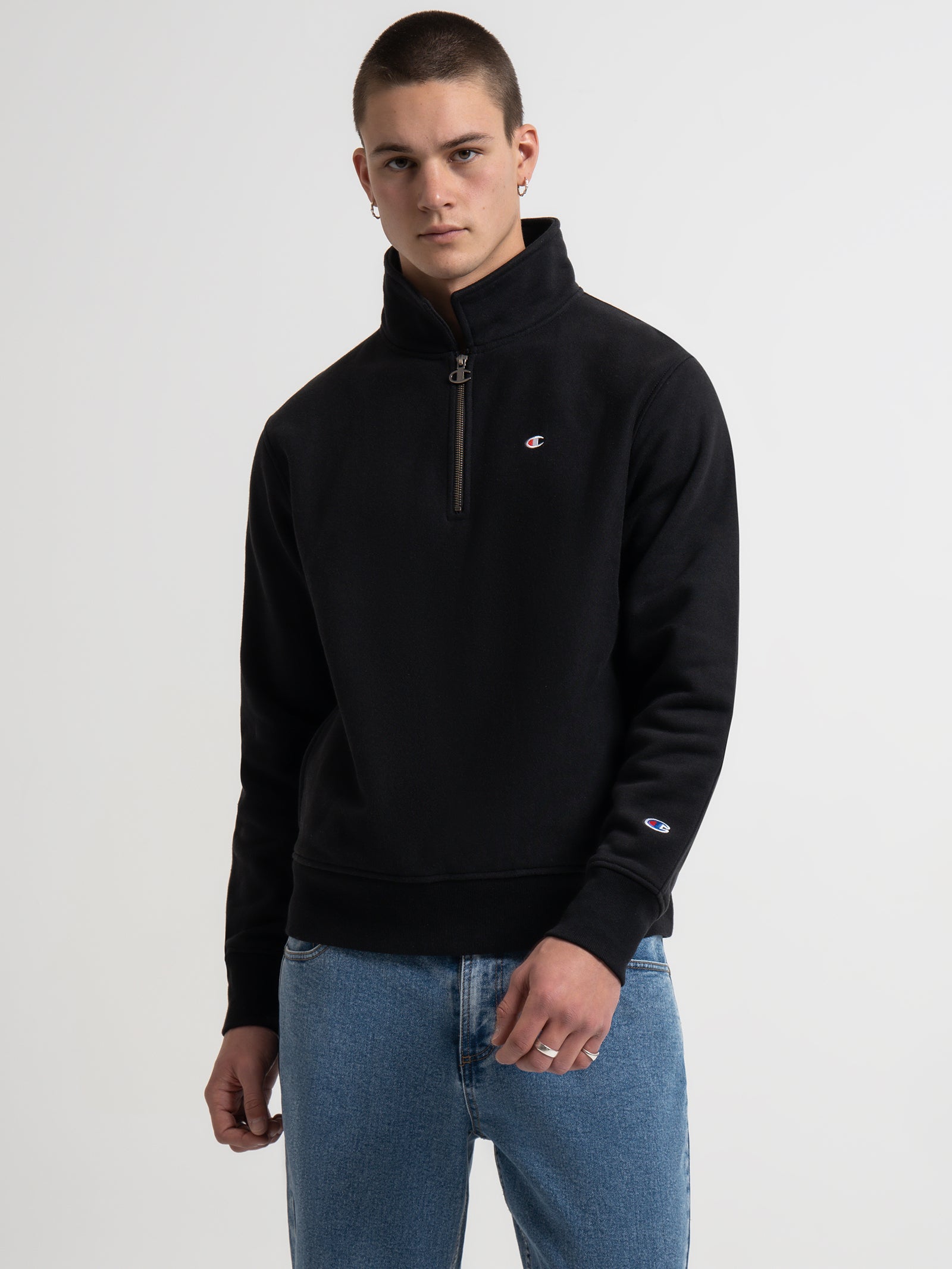 Reverse Weave Level Up Collared Quarter-Zip Crew in Black