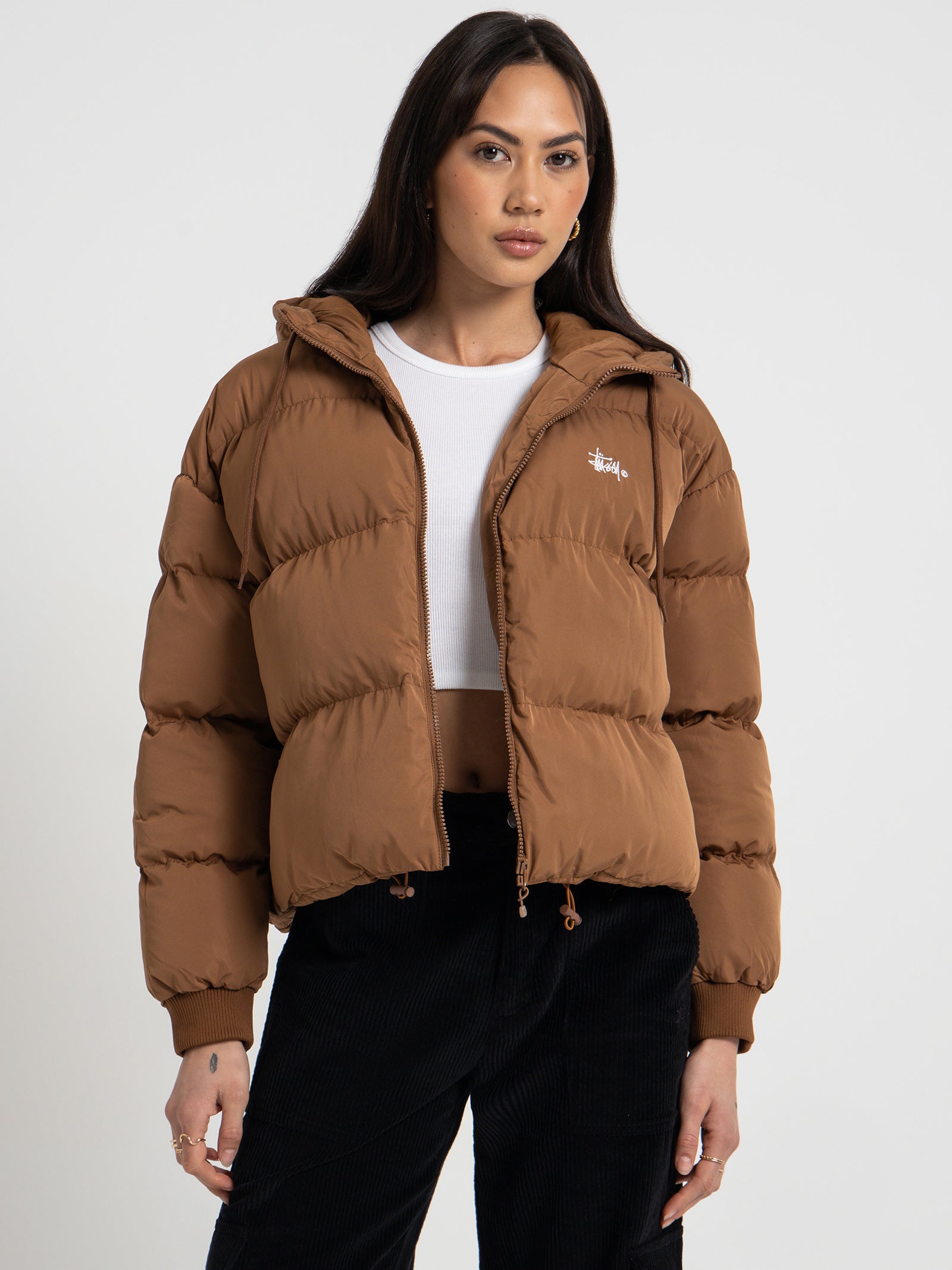 Graffiti Hood Puffer Jacket in Coffee