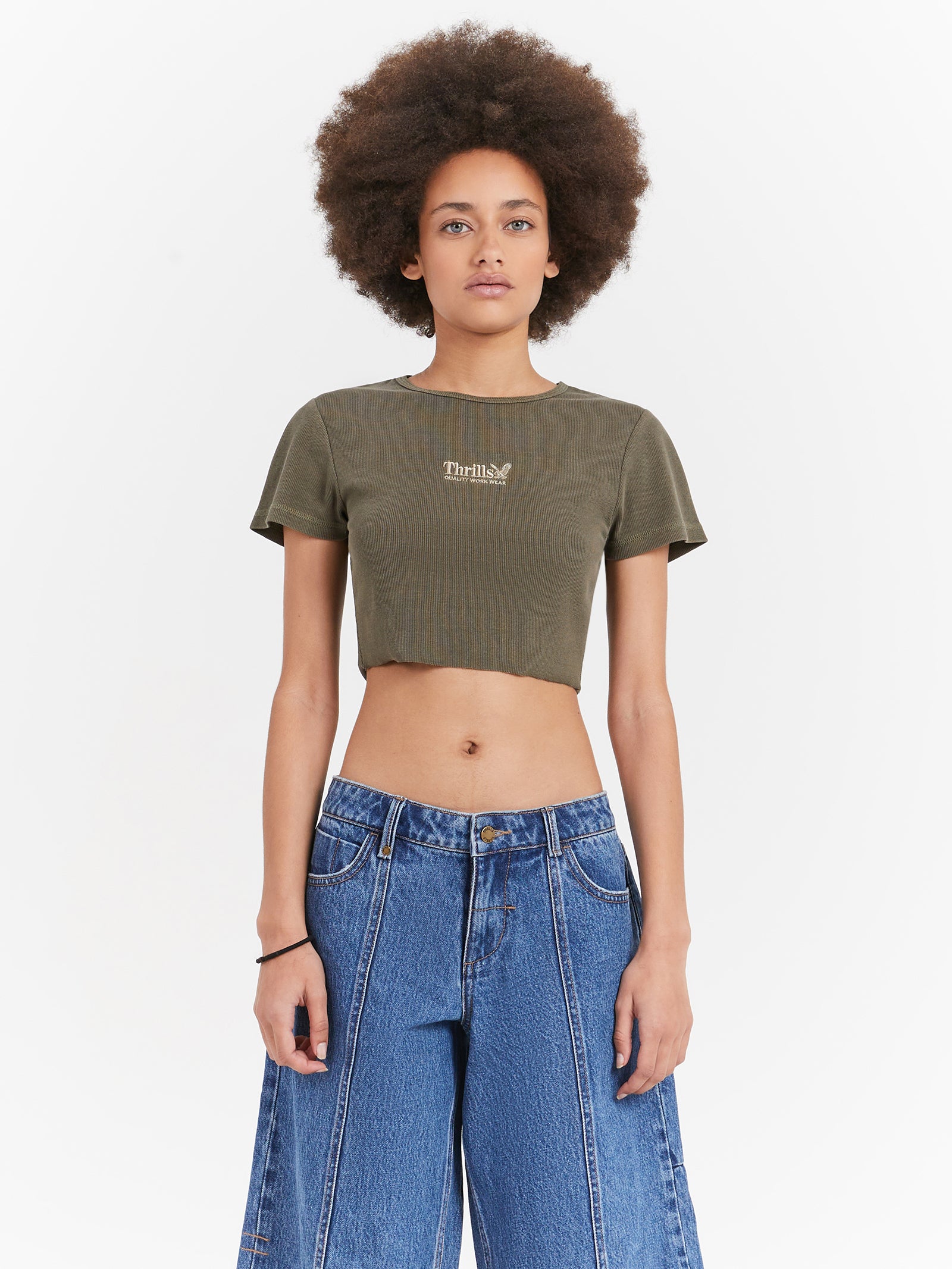 Thrills Workwear Baby Crop T-Shirt in Tarmac