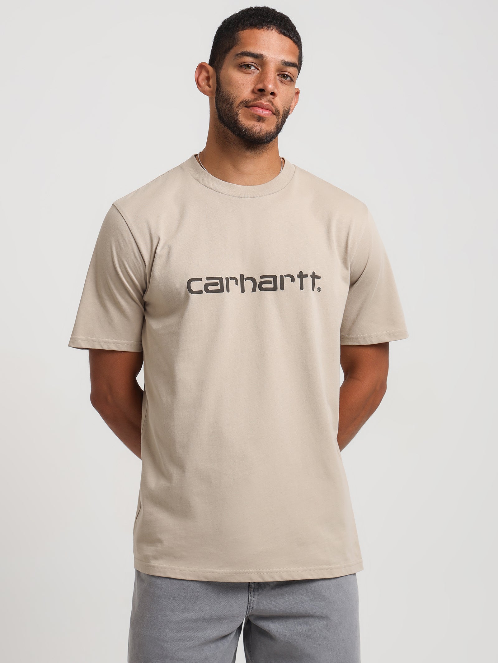 Short Sleeve Script Emboirdery T-Shirt in Wall Cypress Tan