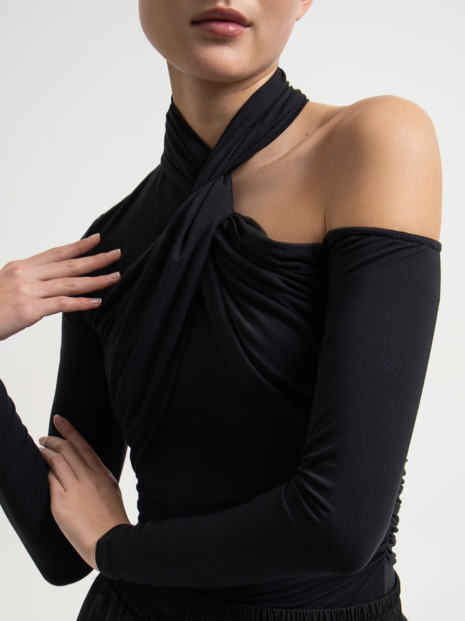 Ladee Twisted Neckline Jersey Top in Black