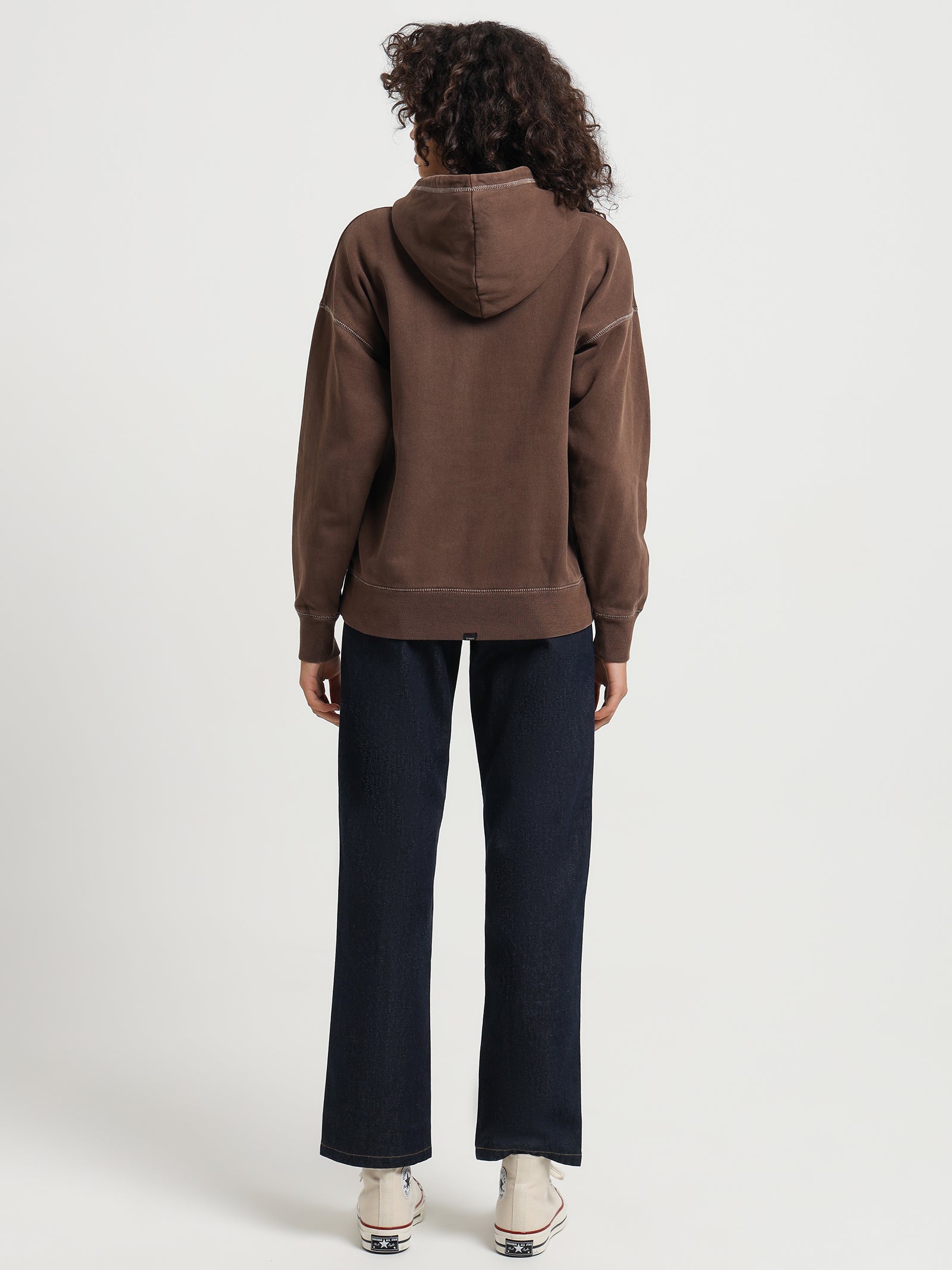 Thrills Workwear Embroidered Fleece Hoodie in Umber