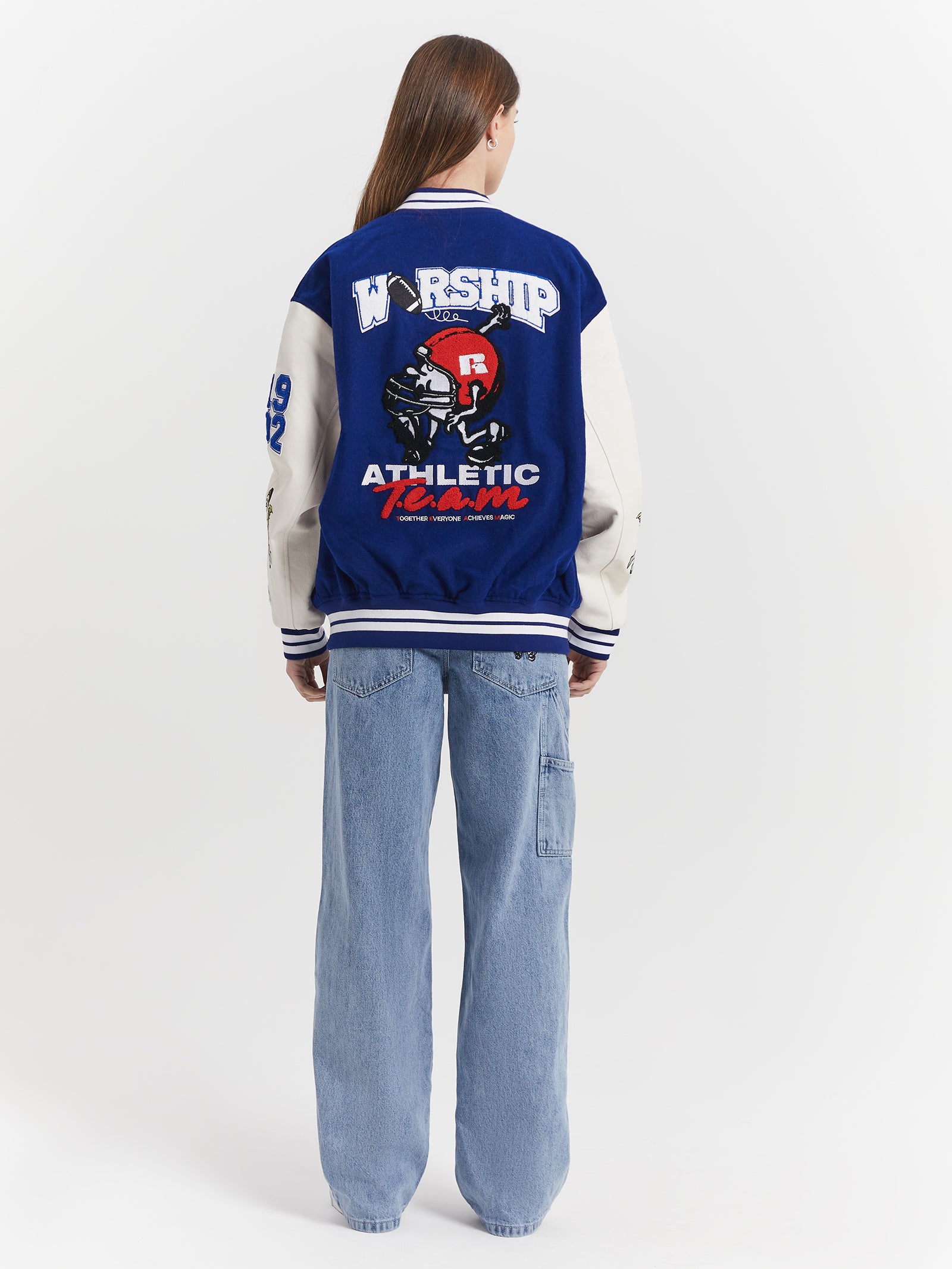 Russell Athletic Team Spirit Letterman Jacket in Levitation Blue & White