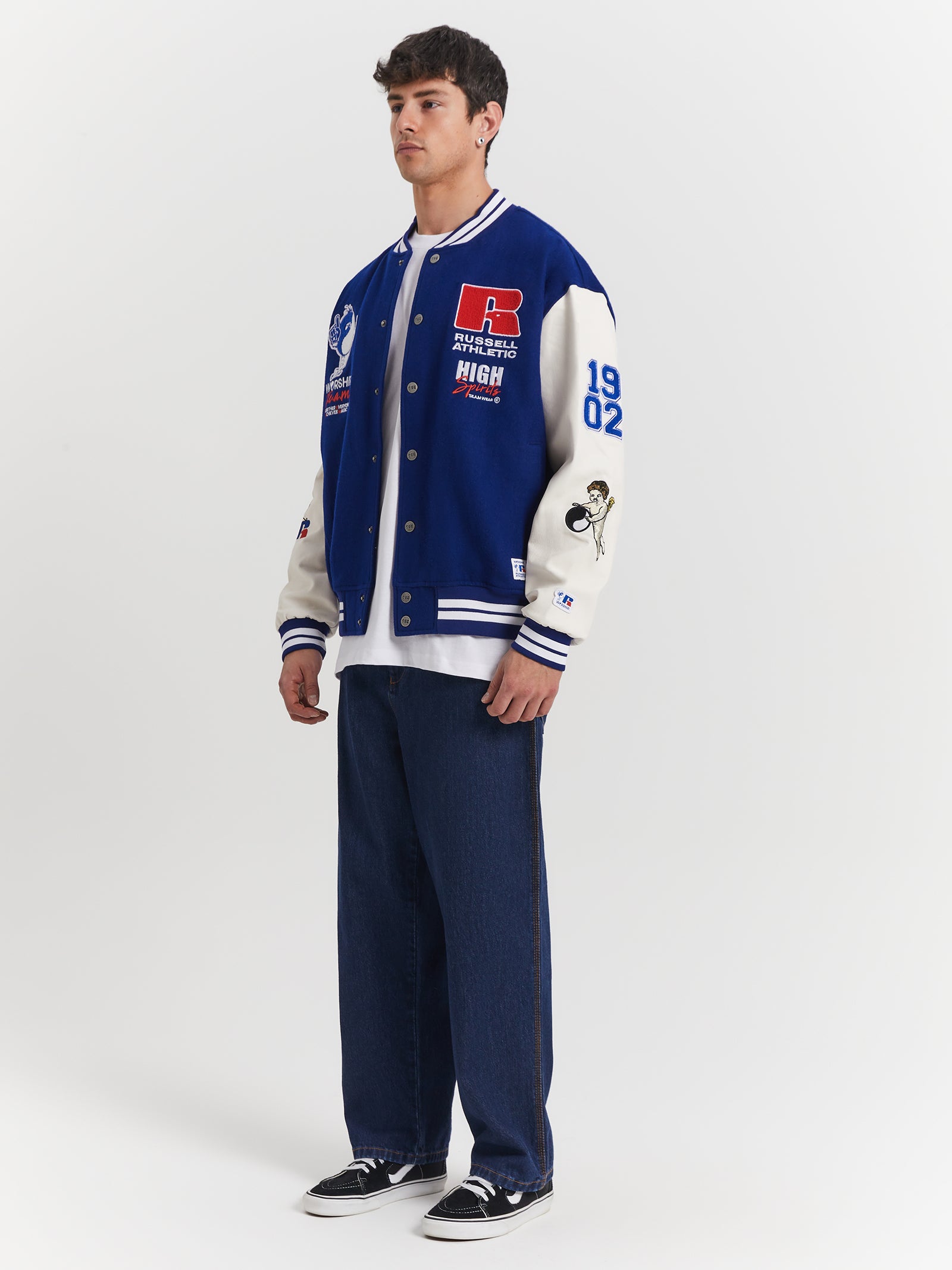 Team Spirit Letterman Jacket in Levitation Blue