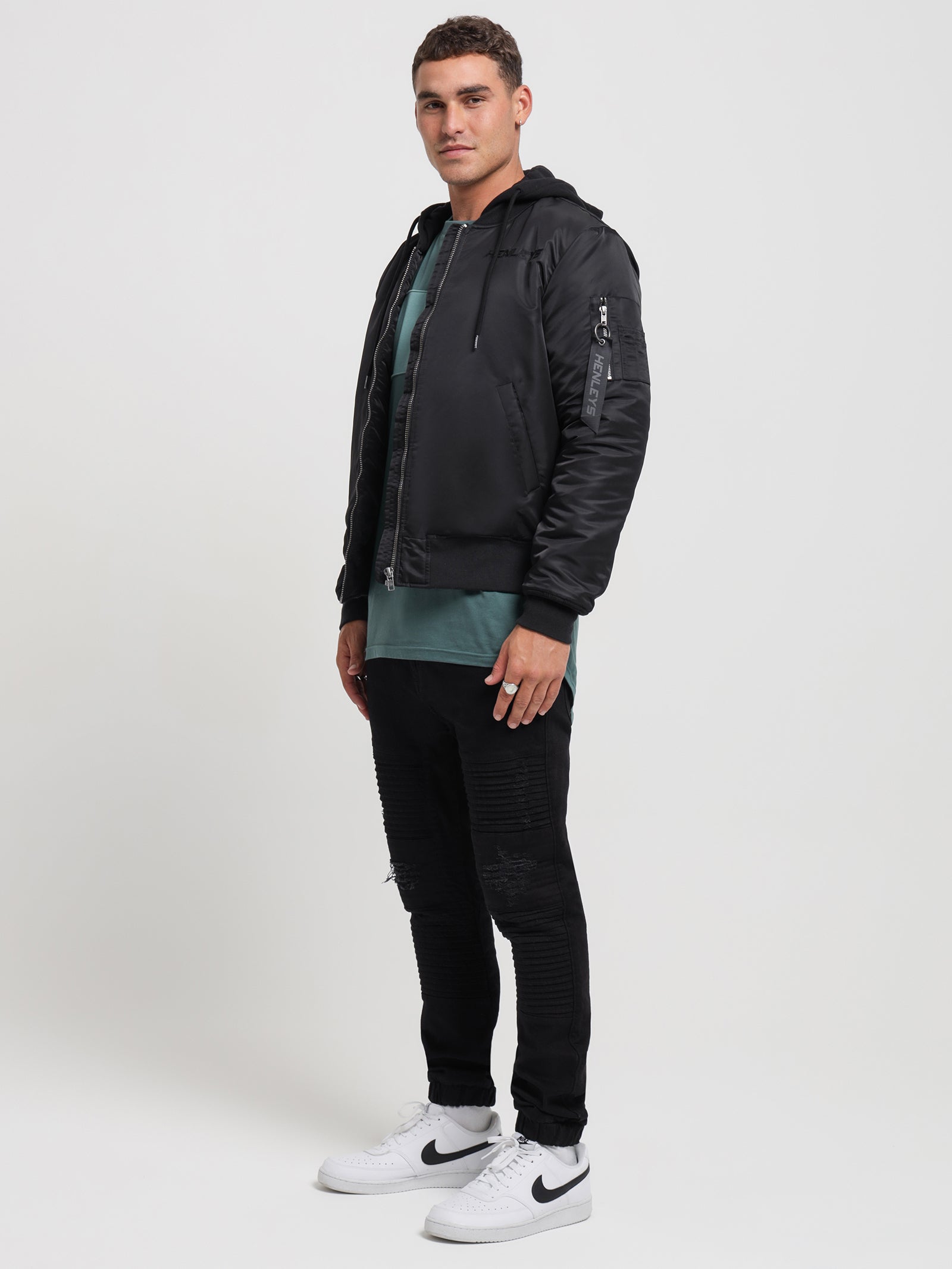 Overdrive Hooded Bomber Jacket in Coal