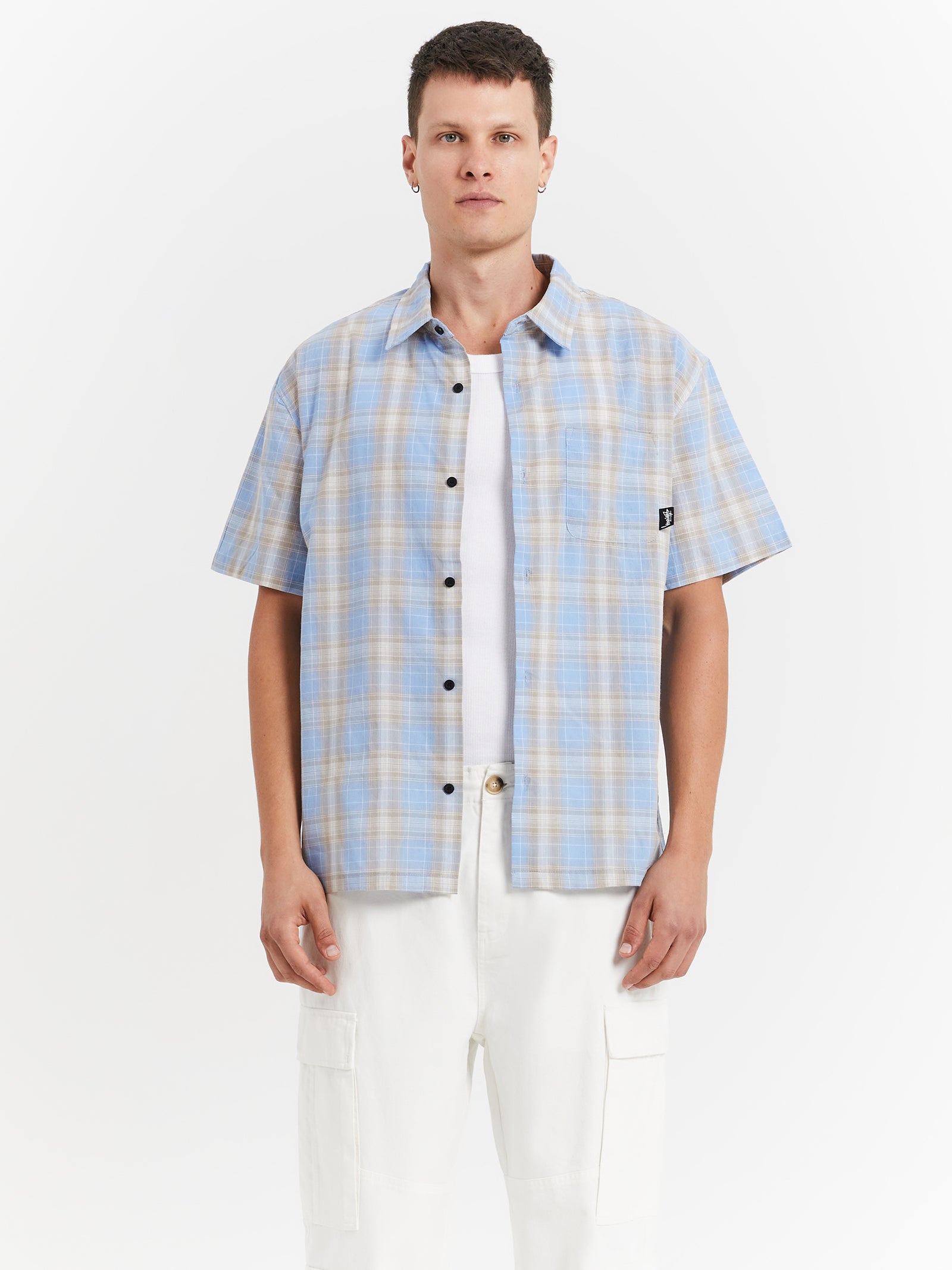 Prion Check Pocket Short Sleeve Shirt in Sky Blue