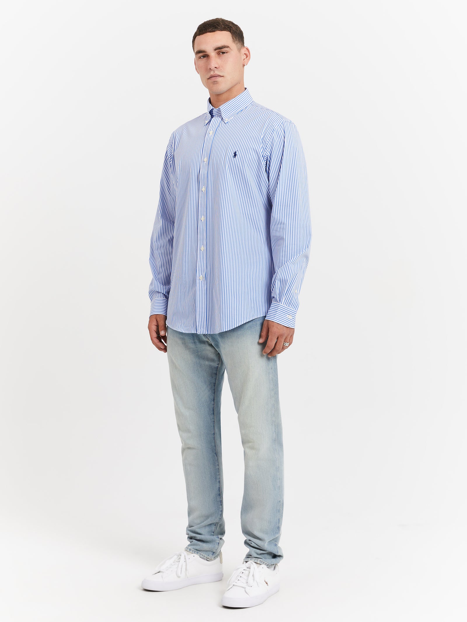 Poplin Sport Shirt in Light Blue & White