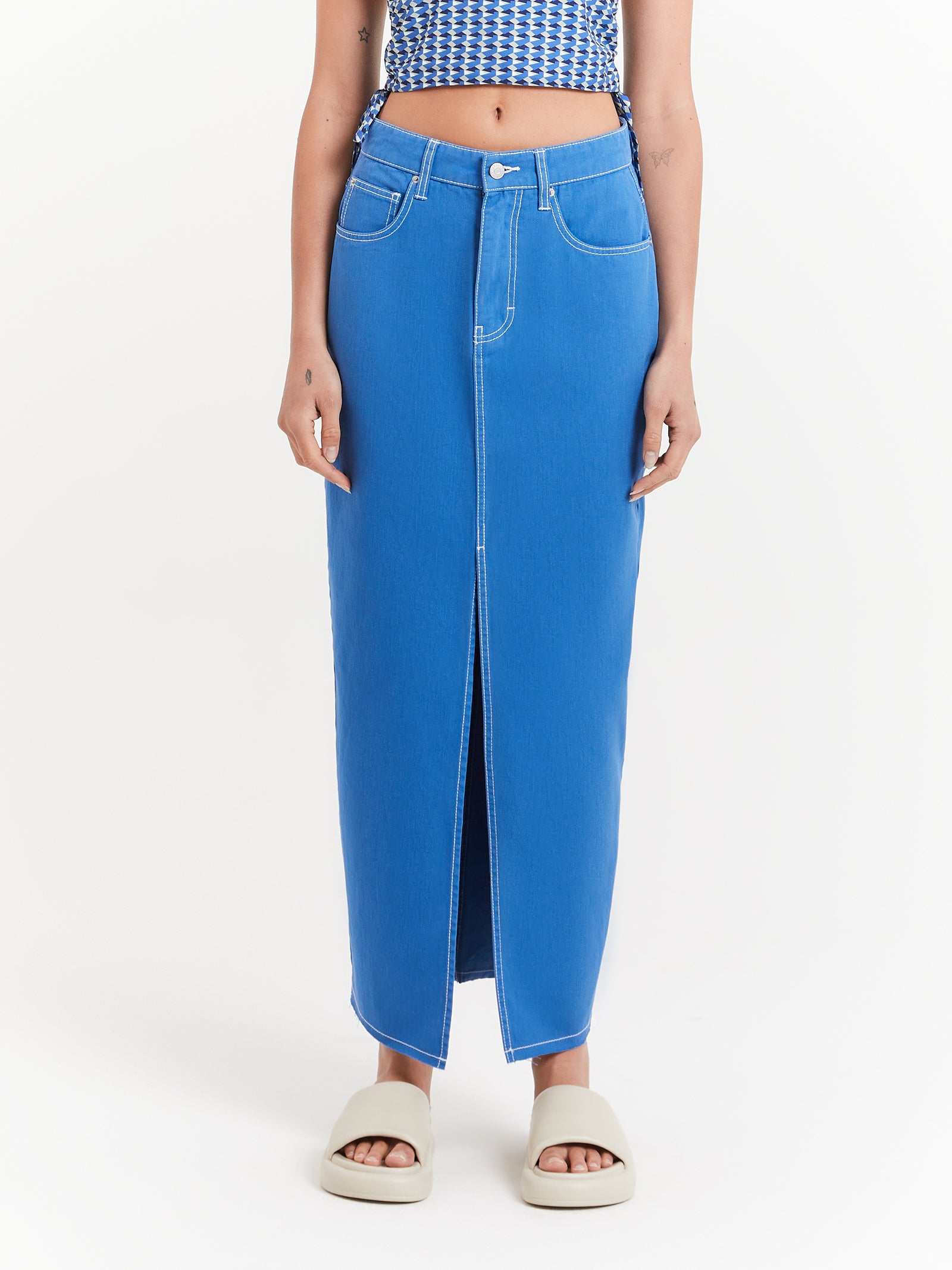 Celine Slit Maxi Skirt in Denim Blue