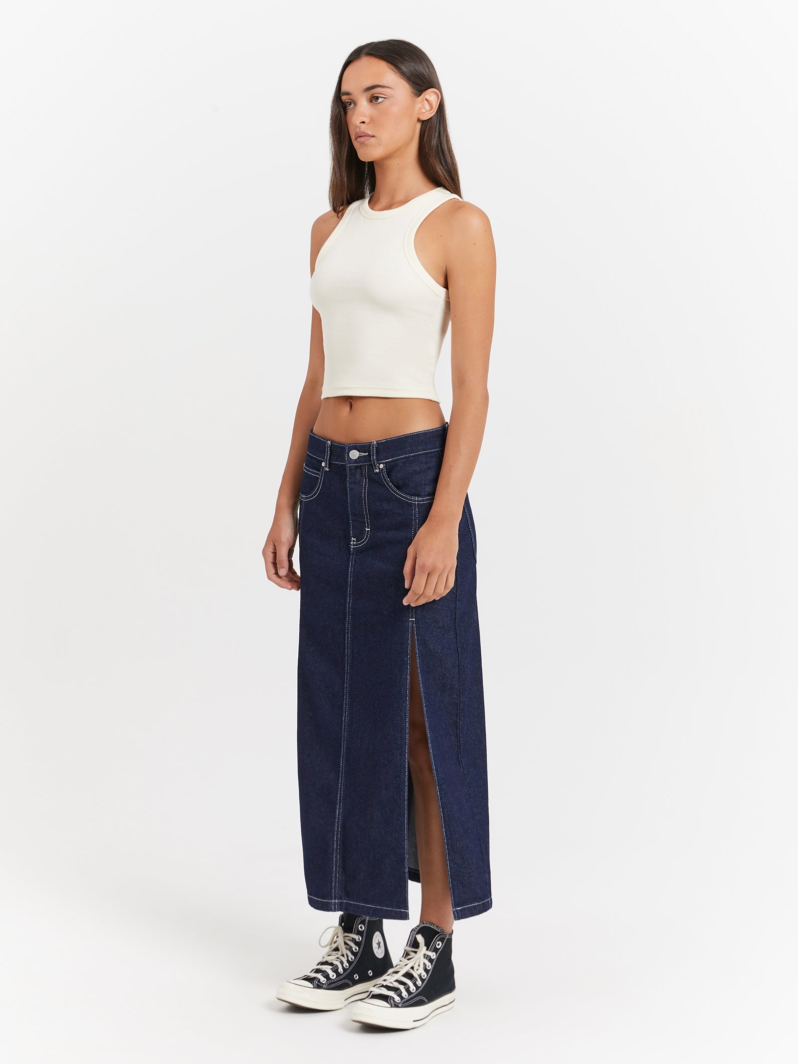 Maeve Midi Skirt in Raw Indigo