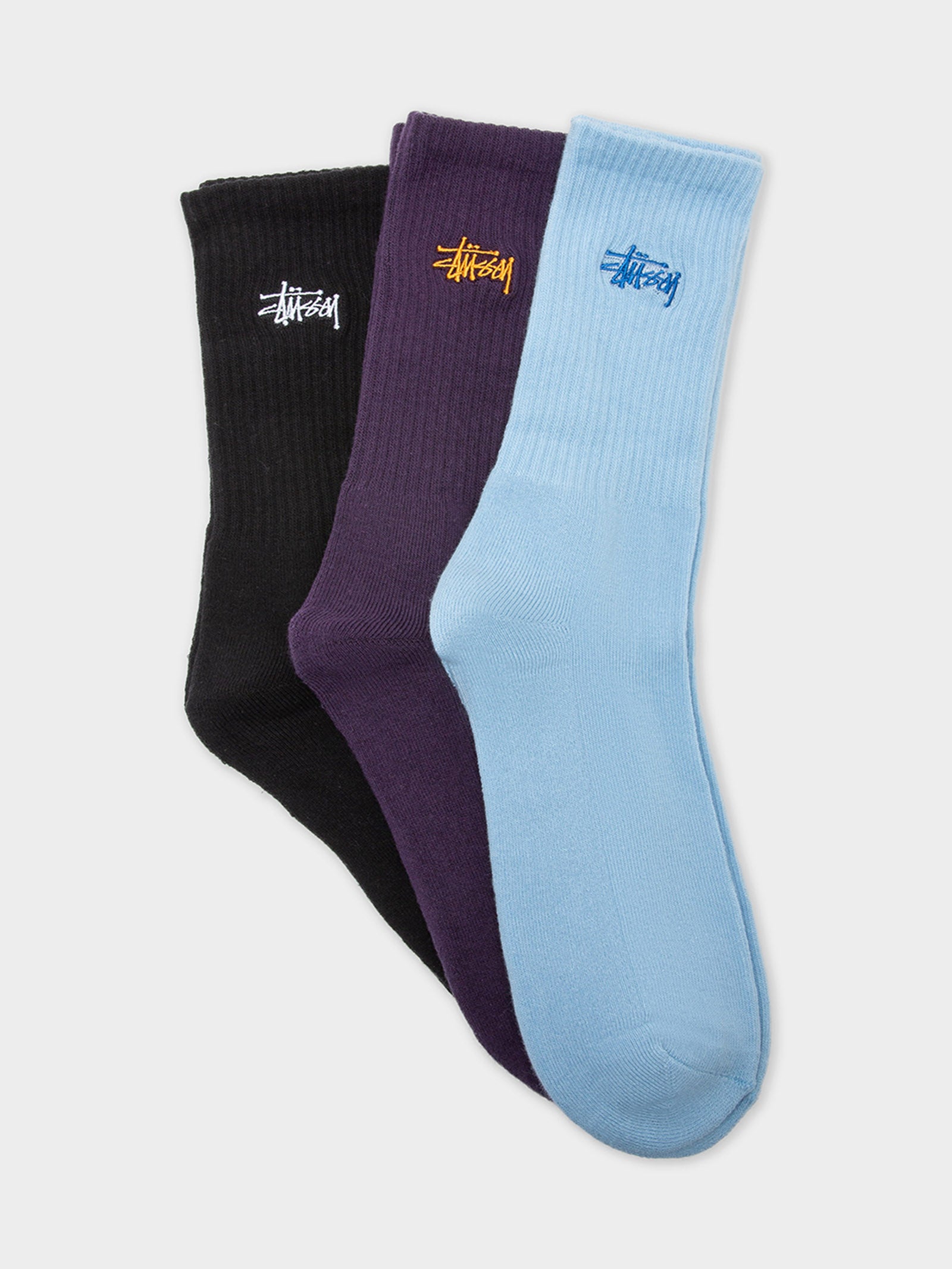 3 Pairs of Crew Socks in Blue, Purple & Black