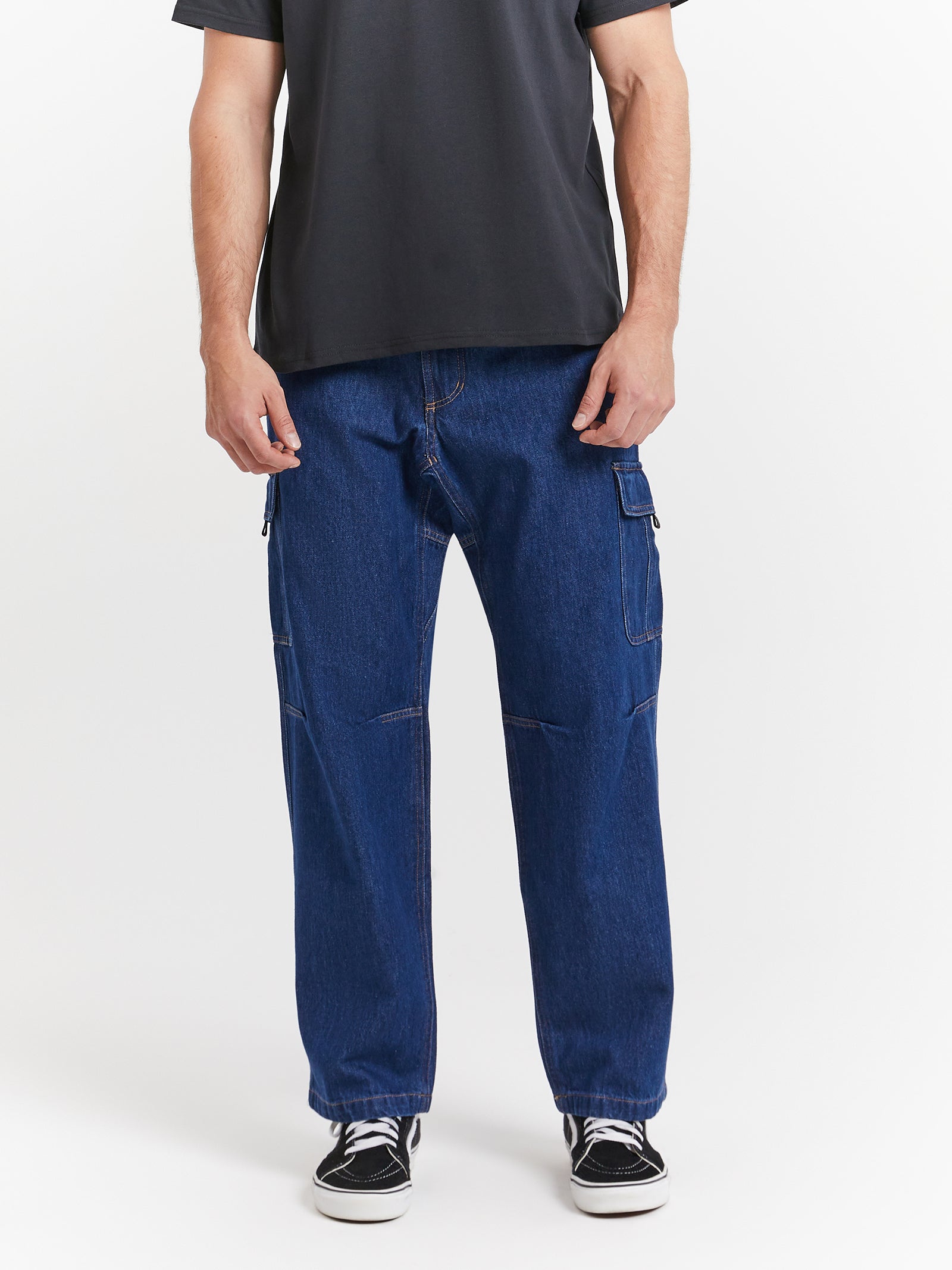 Denim Loose Cargo Pants in Mid Indigo