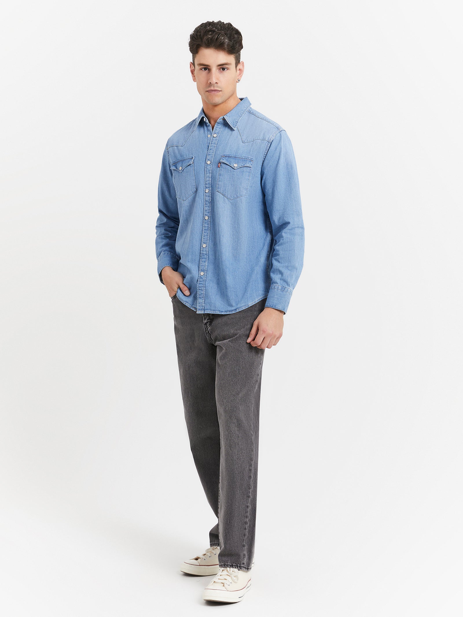 Barstow Western Denim Shirt in Red Cast Stone Light Wash