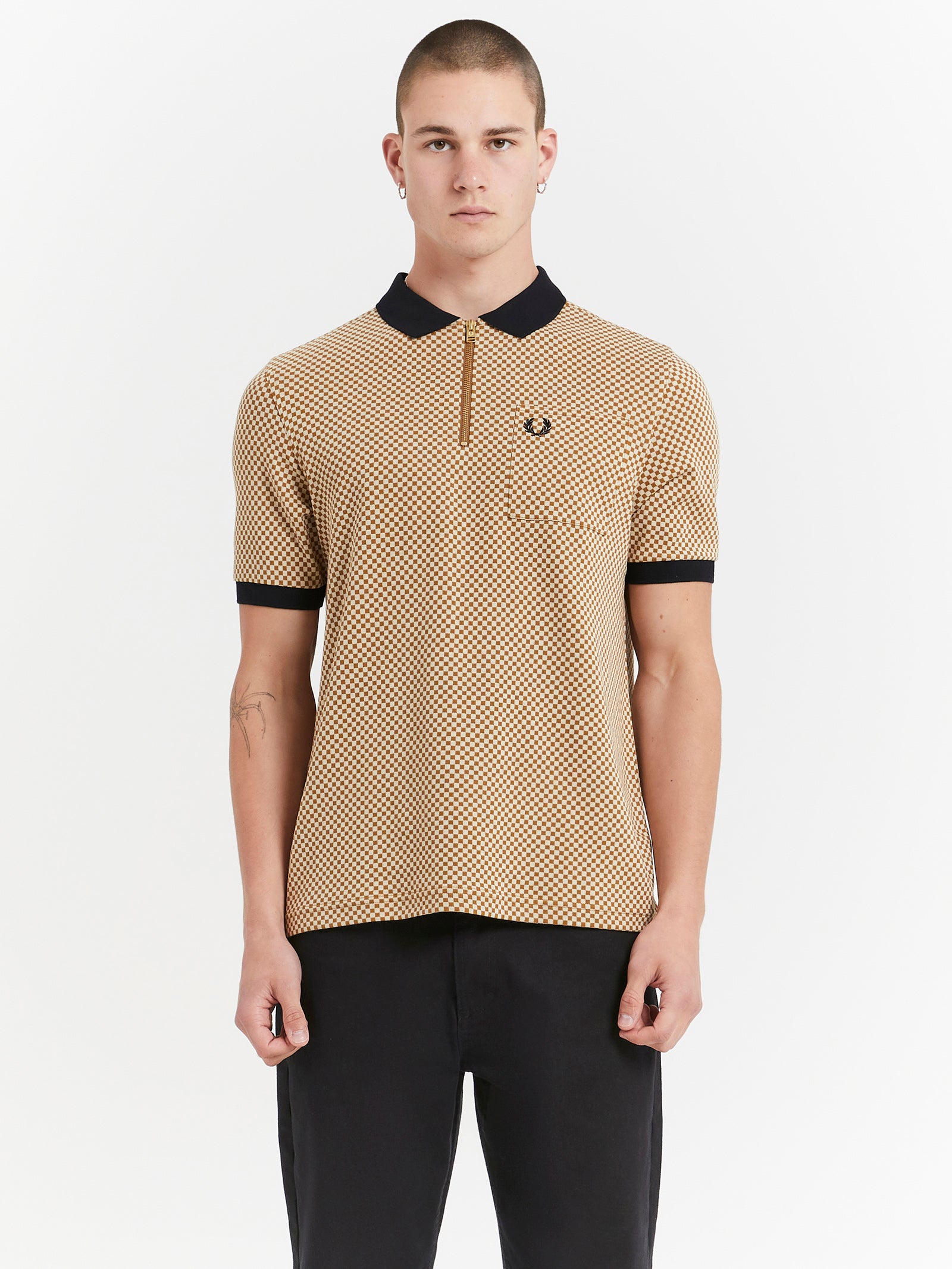 Micro Chequerboard Polo Shirt in Dark Caramel