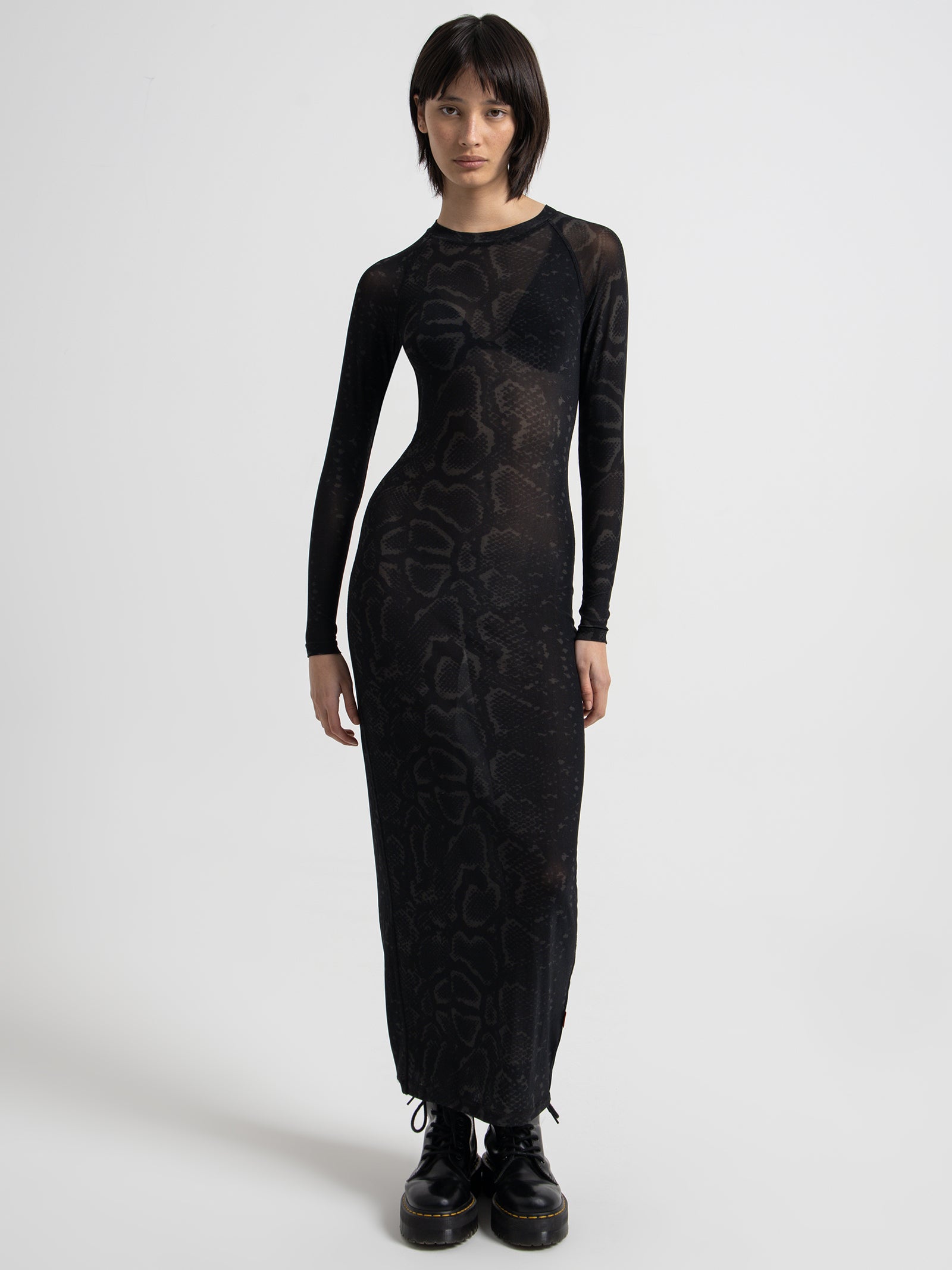 Viper Long Sleeve Mesh Maxi Dress in Washed Black