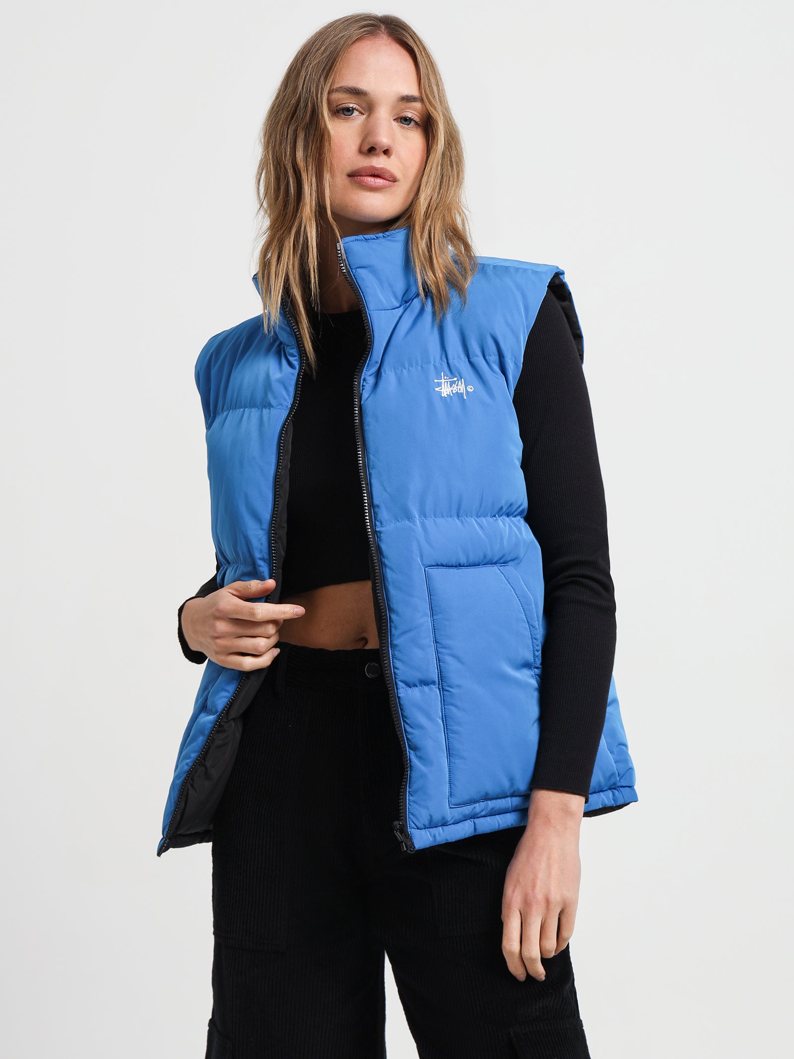 Reversible Graffiti Puffer Vest in Black & Mid Blue