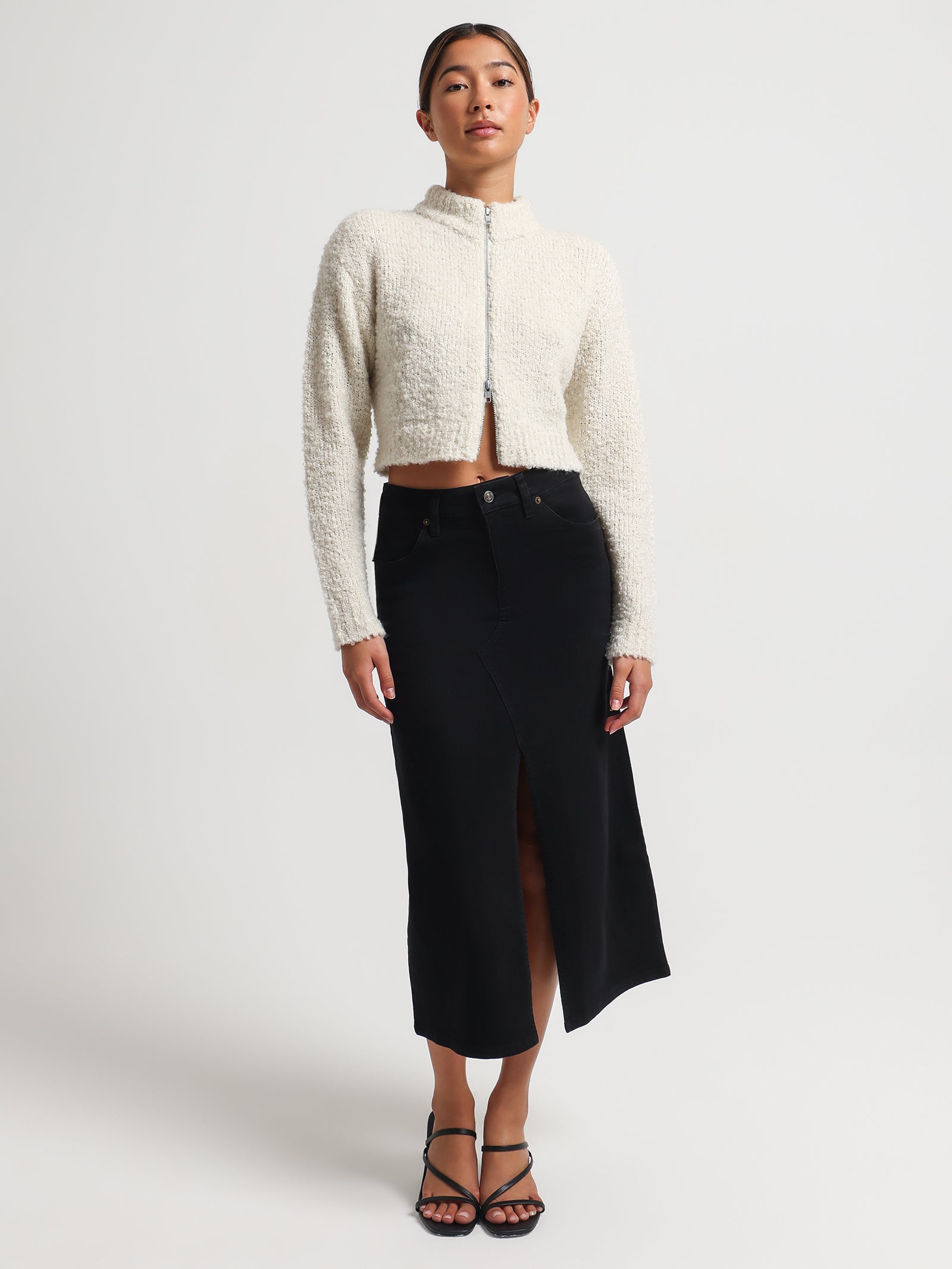 Serena Denim Split Midi Skirt in Black