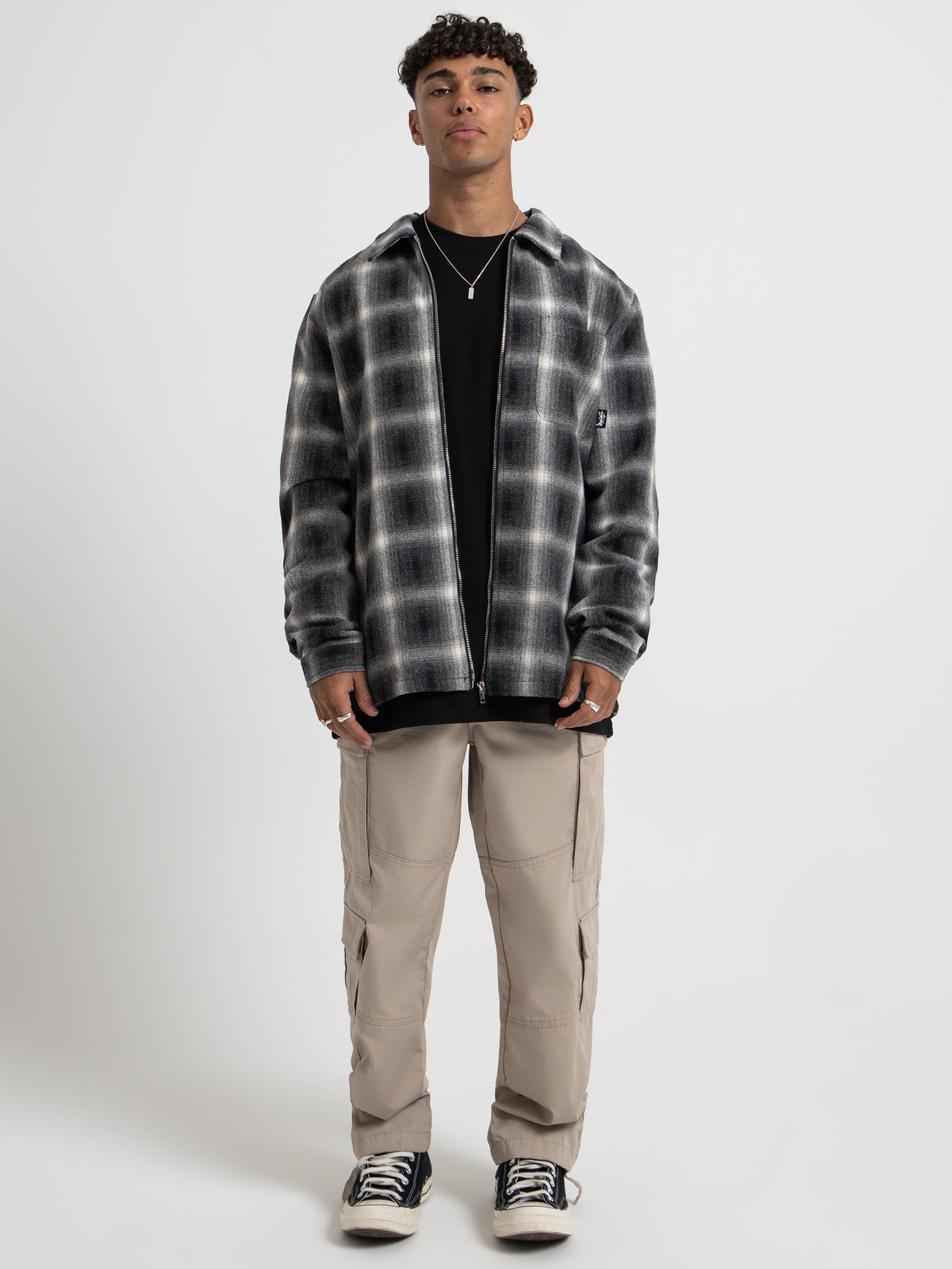 Shadow Plaid Zip Up Long Sleeve Shirt in Black