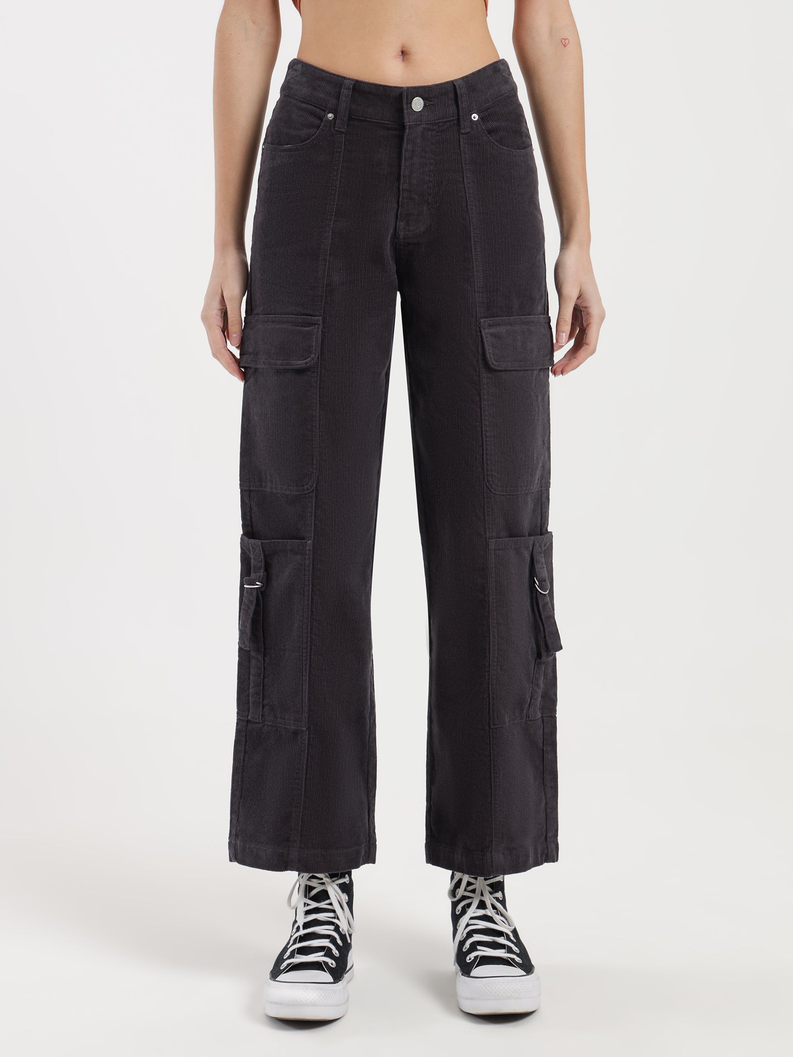 Aila Low Rise Cord Cargo Pants in Steel