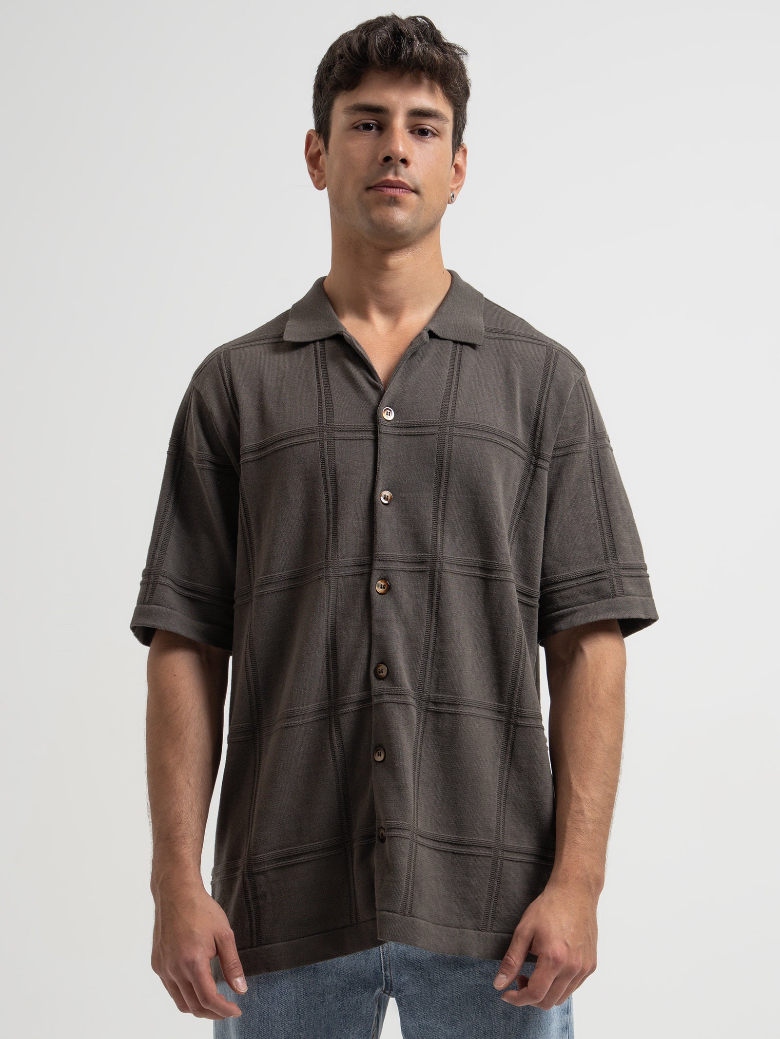 Natural Cooperation Jacquard Bowling Shirt in Tarmac