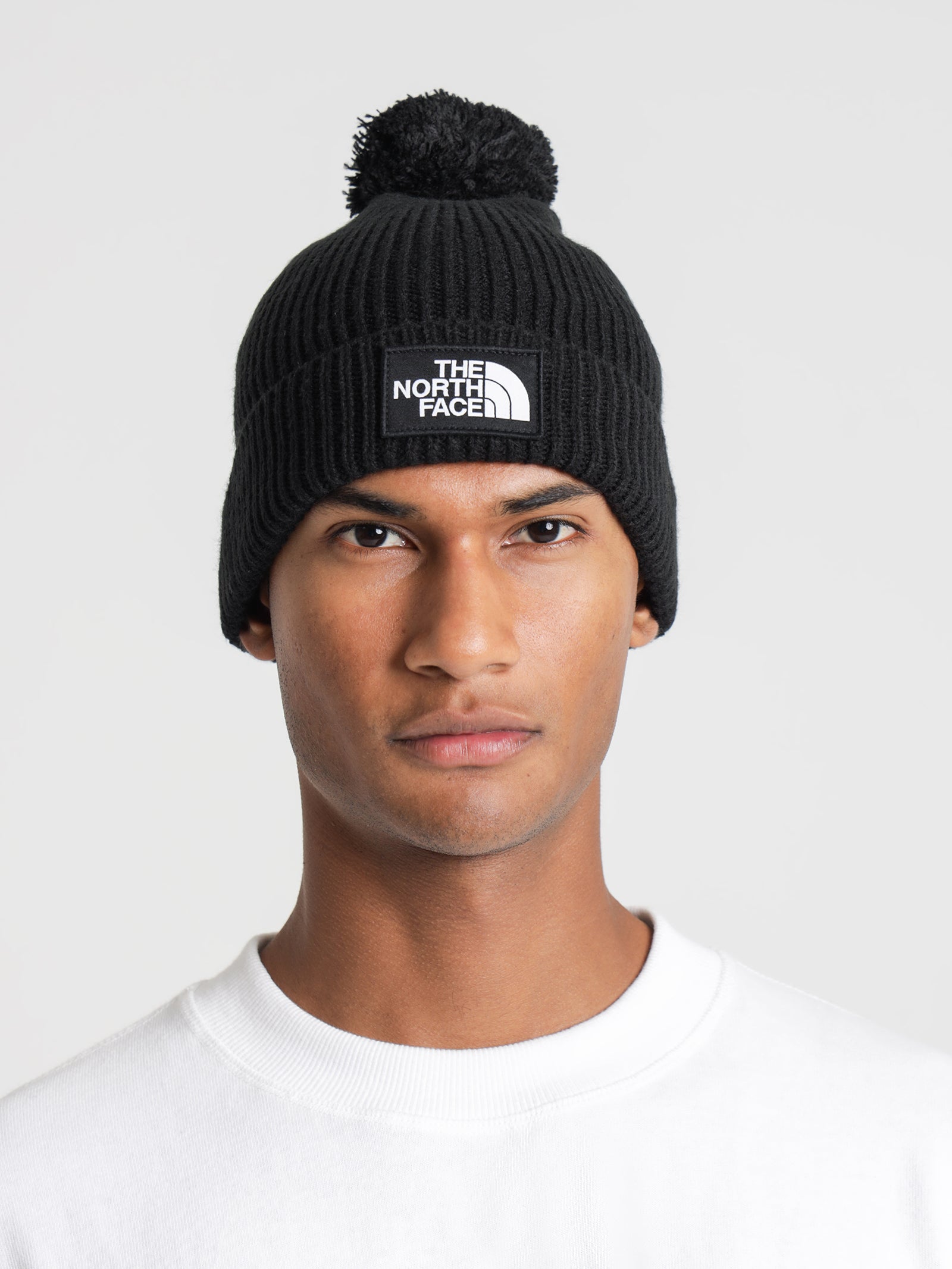 TNF Logo Box Pom Pom Beanie in Black & White