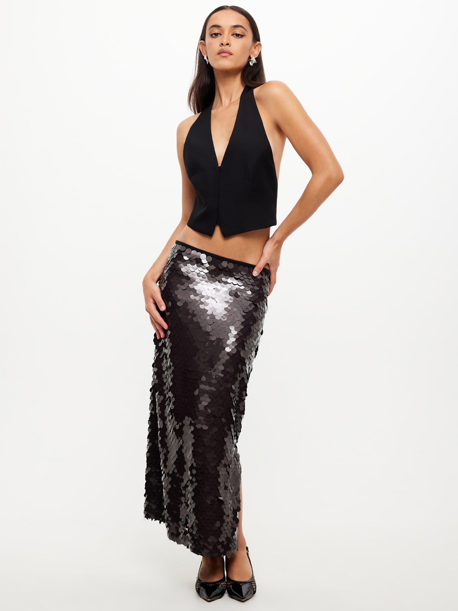 Night Rider Sequin Sequin Midi Skirt in Onyx