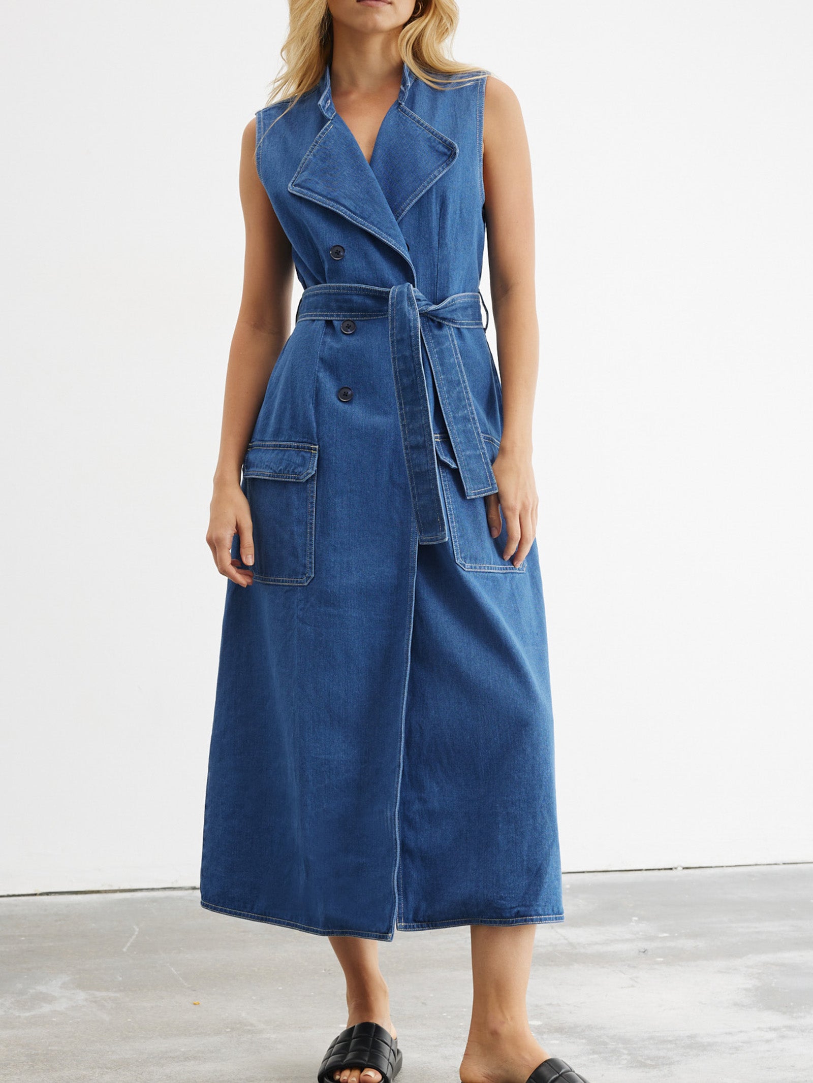 Advance Multi-Wear Denim Trench in Mid Blue