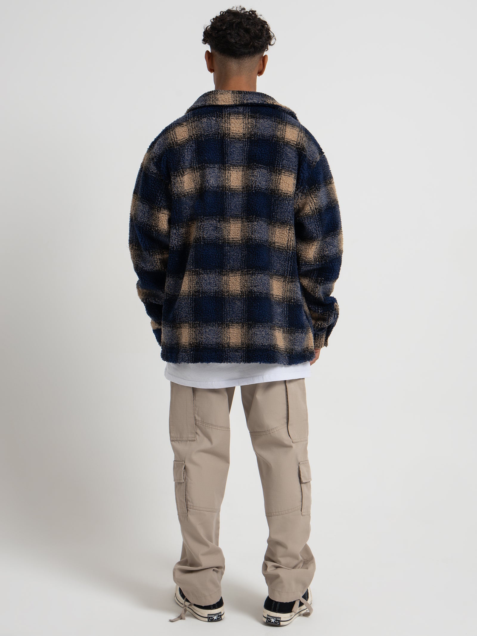 Shadow Plaid Sherpa Zip Shirt in Navy