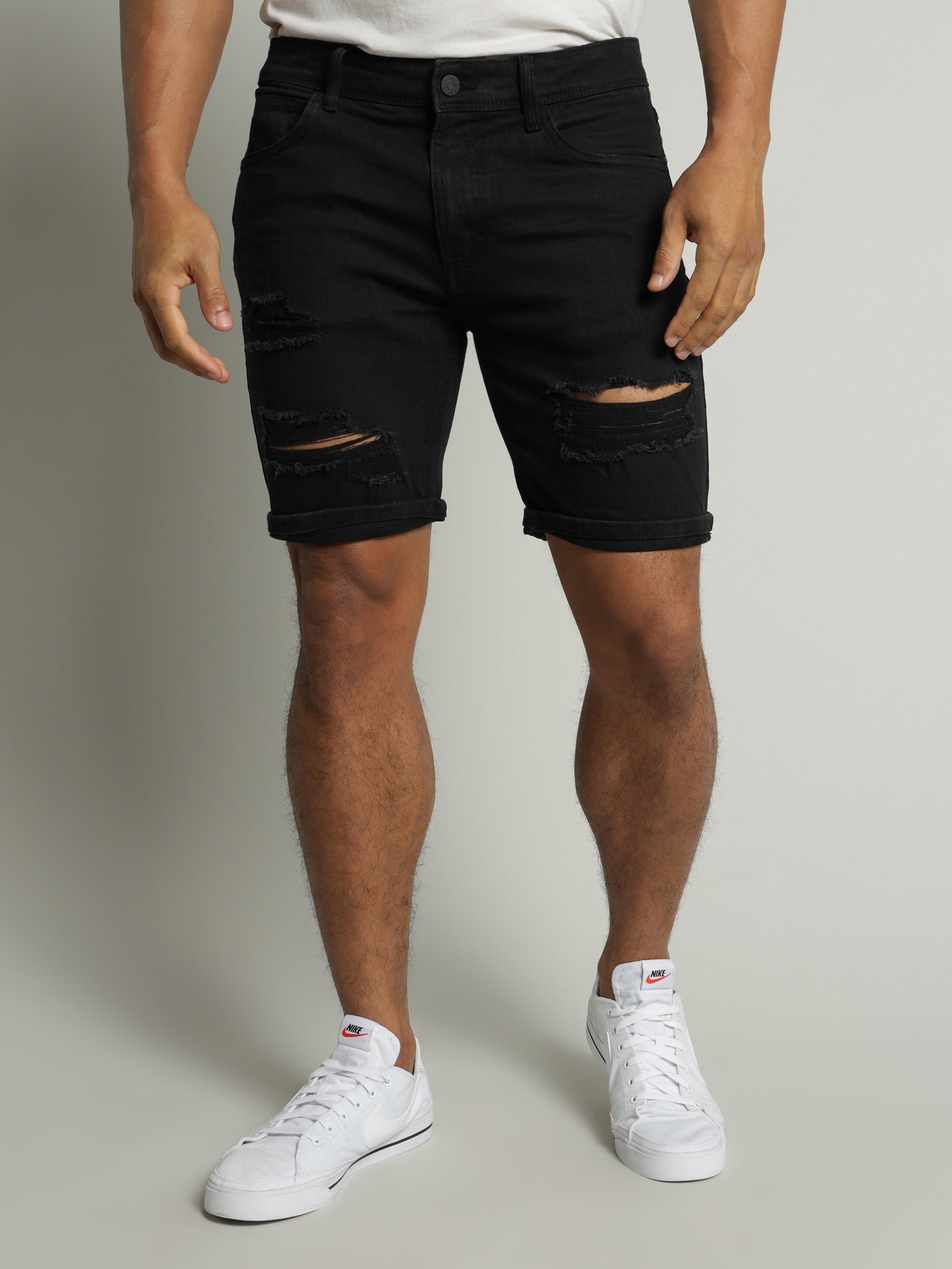 Zane Skinny Denim Short in True Black Rip