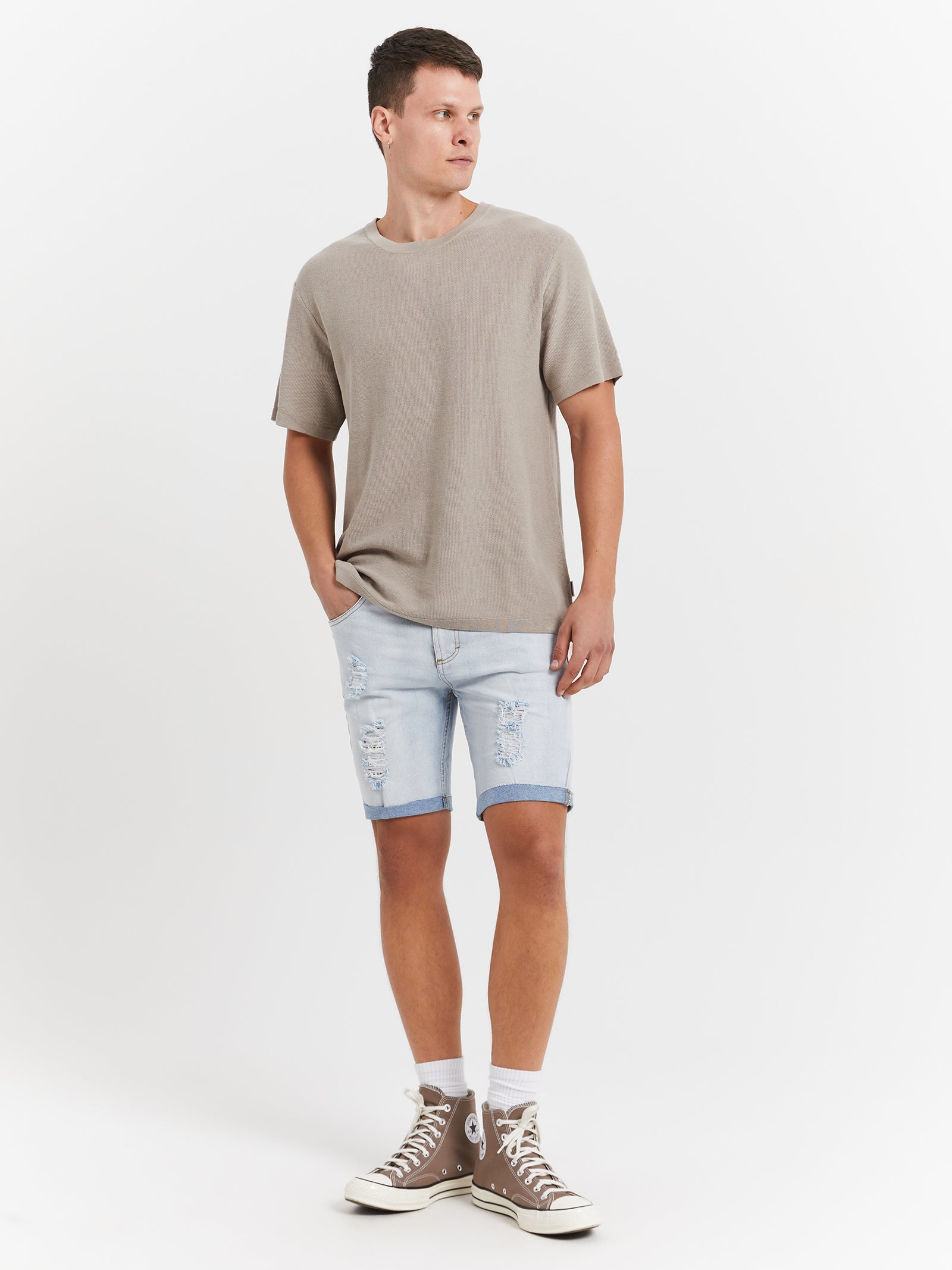 Zane Skinny Denim Shorts in Stone Blue Rip