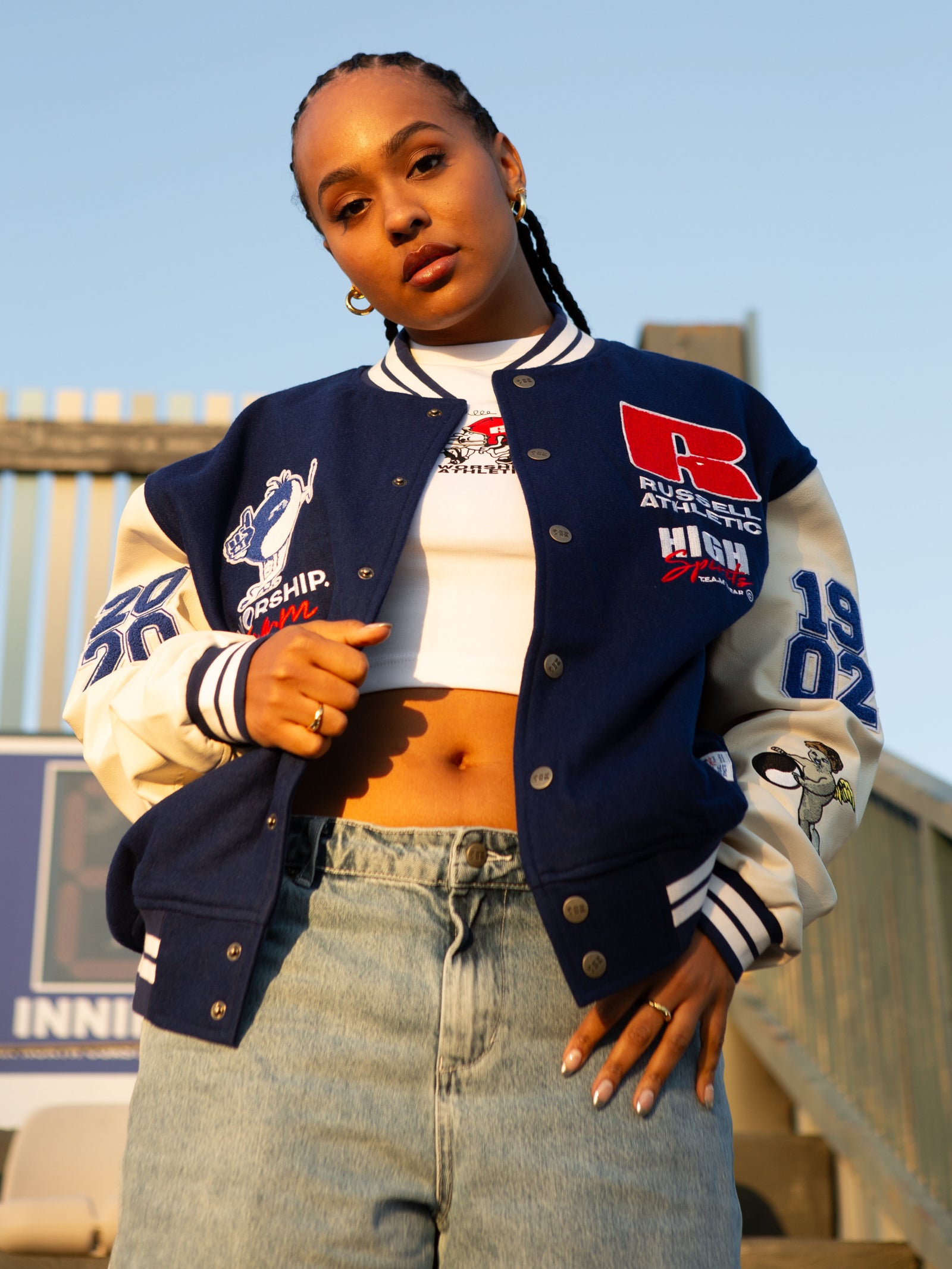 Russell Athletic Team Spirit Letterman Jacket in Levitation Blue & White