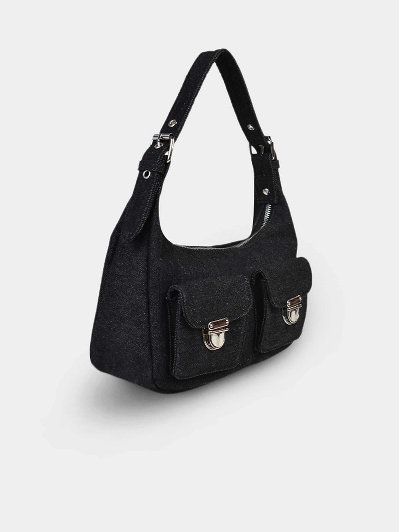 Livi Denim Shoulder Bag in Black & Silver