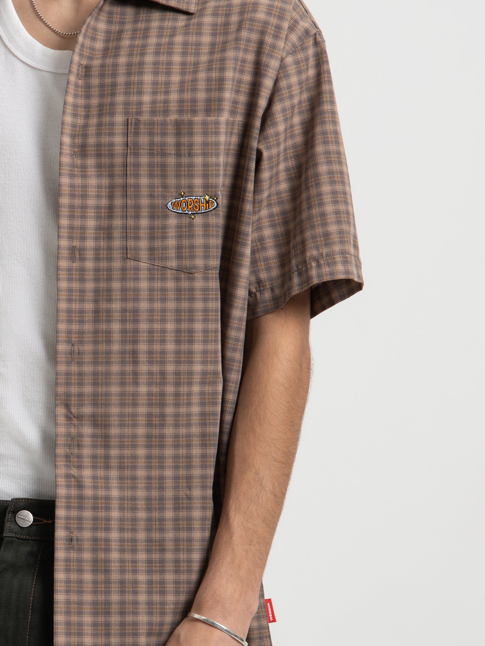 Badger Short Sleeve Shirt in Rain Drum Brown Check