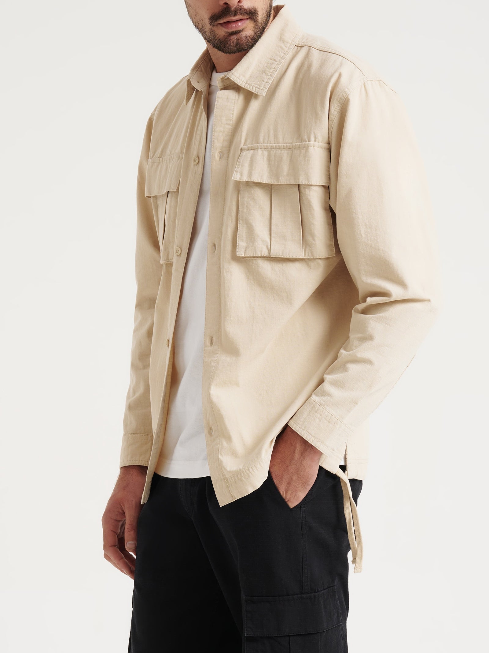 Wyatt Cargo Long Sleeve Shirt in Ecru