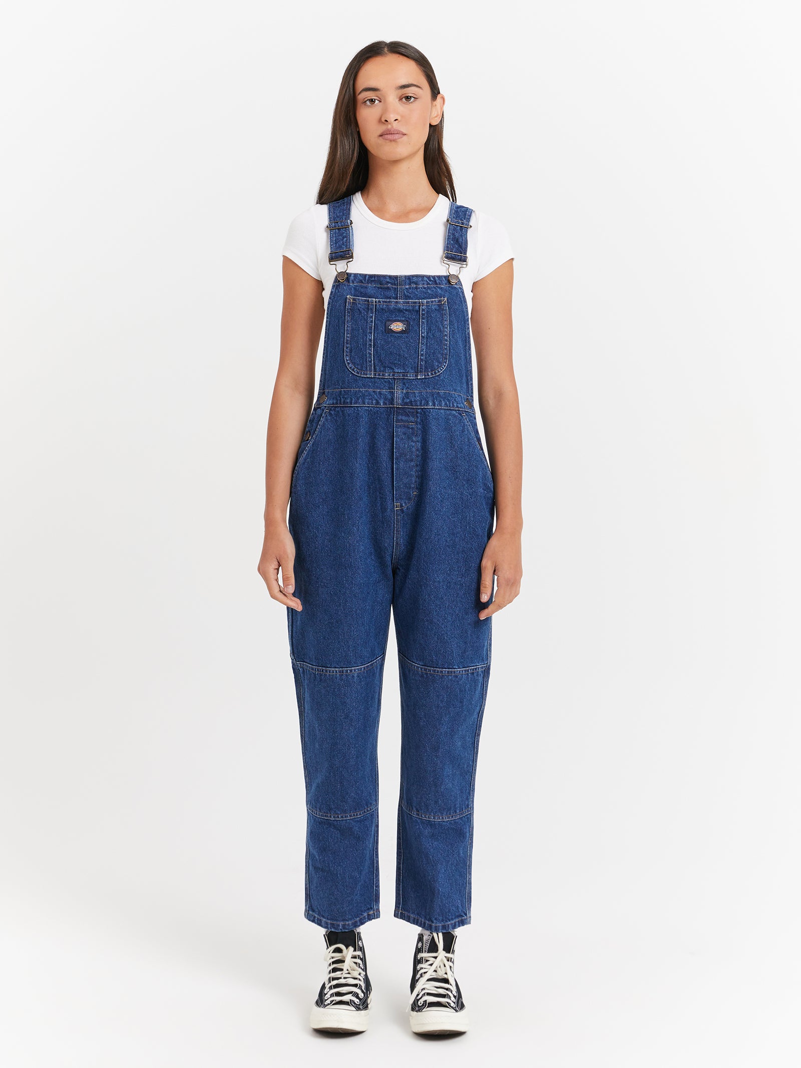 Whitney Denim Carpenter Double Knee Dungarees in Stone Wash