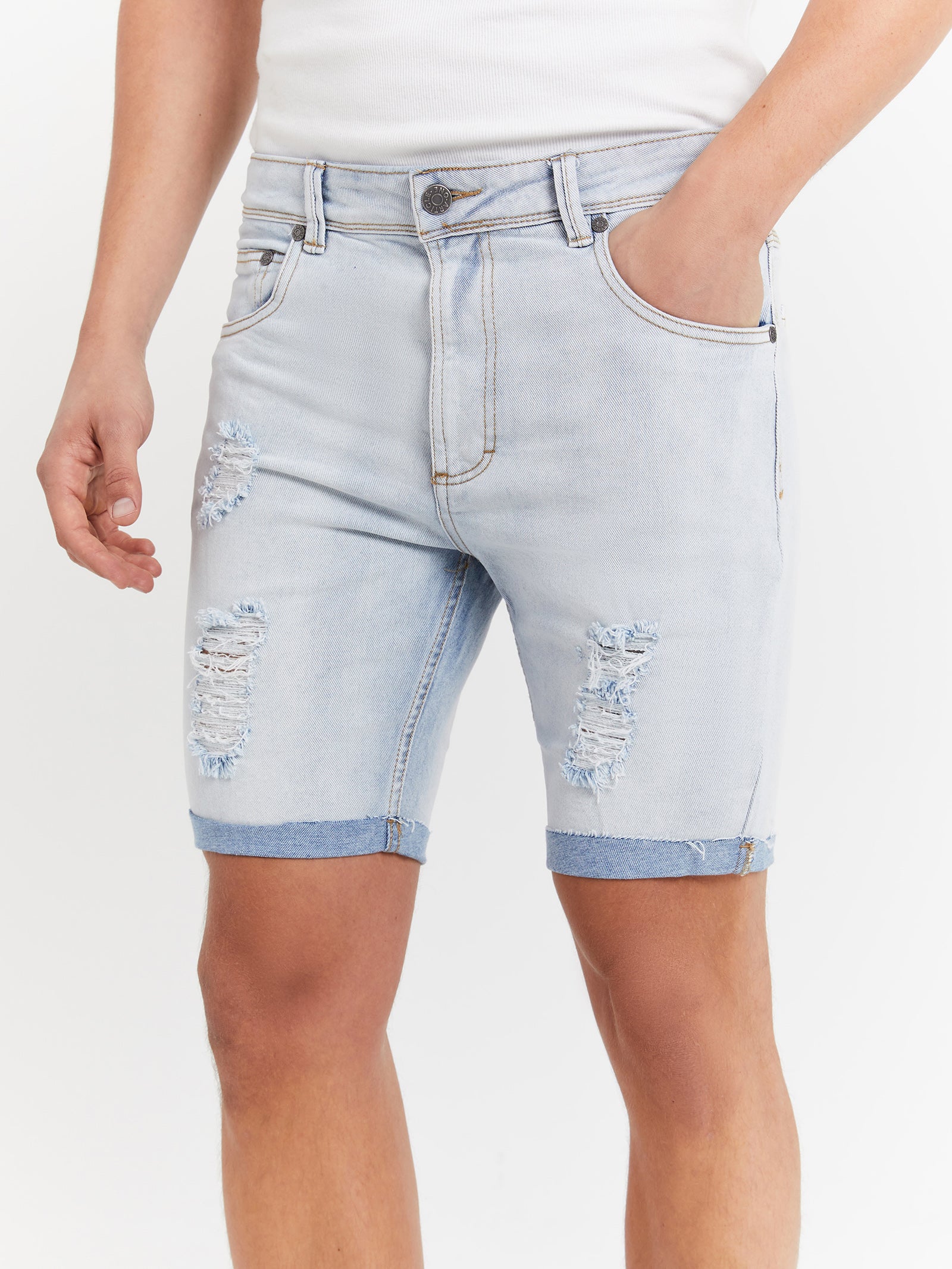 Zane Skinny Denim Shorts in Stone Blue Rip