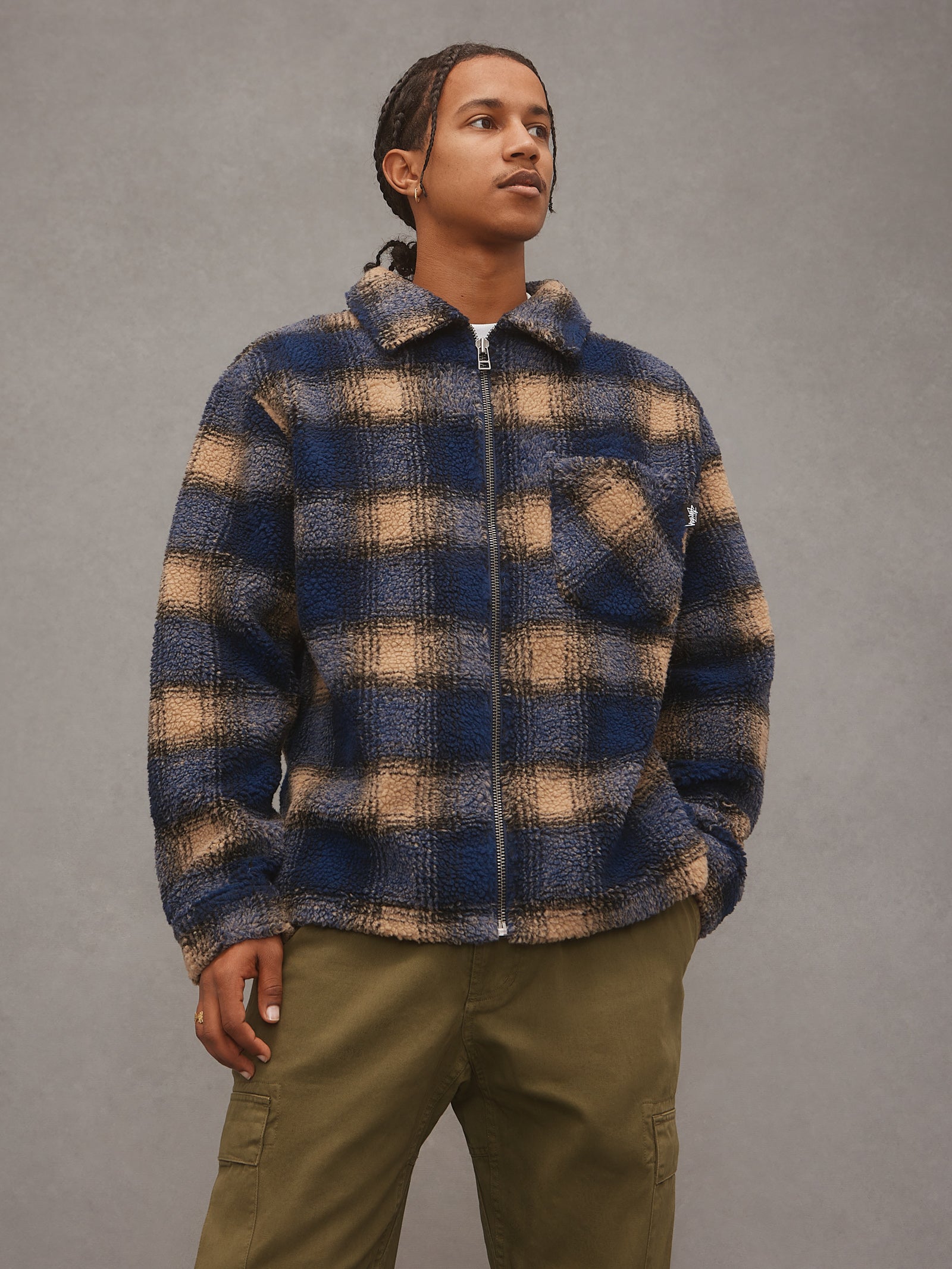 Shadow Plaid Sherpa Zip Shirt in Navy