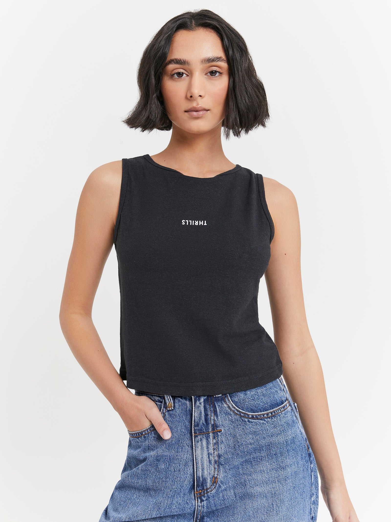 Minimal Thrills Hemp Boat Neck Tank in Black